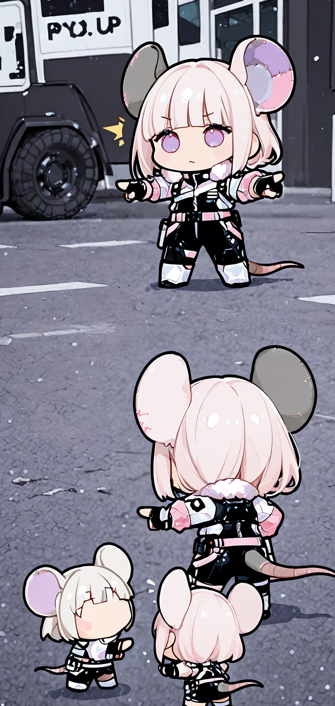 Tre identiche bambine in stile chibi, con capelli bianchi e grandi orecchie da topo, vestite con abiti futuristici neri e rosa, sono in piedi in cerchio su una strada innevata e si indicano a vicenda con aria sorpresa, facendo riferimento al meme di Spider-Man.