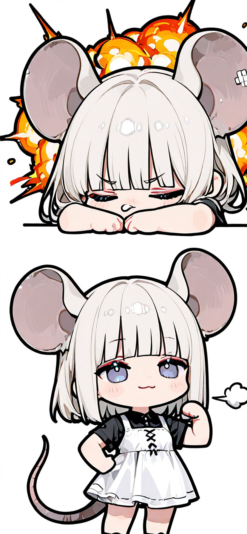 Una ragazza in stile chibi, tratta da un anime, con grandi orecchie da topo e capelli argentati, identificata come Nazrin del progetto Touhou. Indossa un vestito nero e si mostra con sicurezza di fronte a una violenta esplosione.