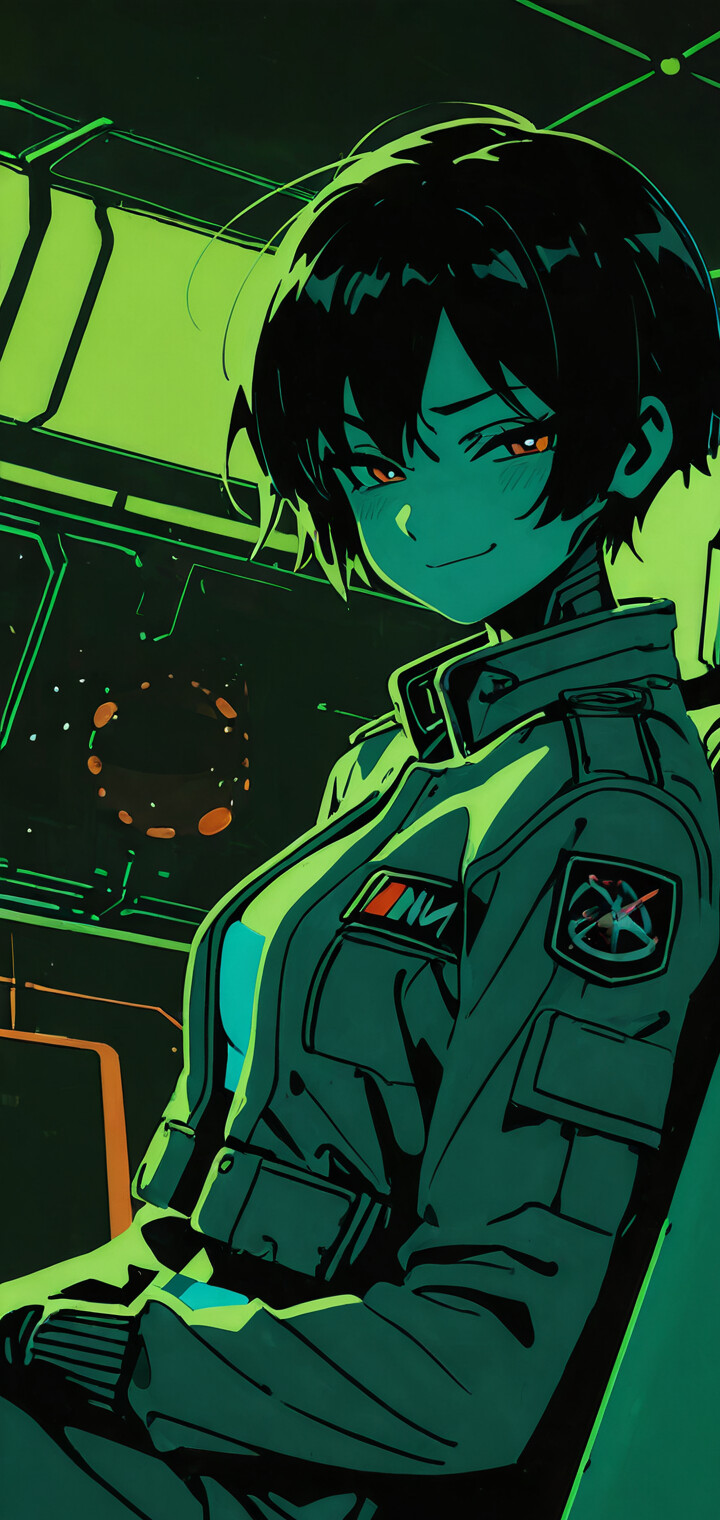 Un’illustrazione in stile anime che raffigura una donna cyborg con i capelli corti e scuri, che sorride con aria sardonica in una stanza futuristica, immersa nell’oscurità e illuminata da una luce verde. Indossa una giacca da aviatore con una toppa luminosa con il numero «02» sulla manica.