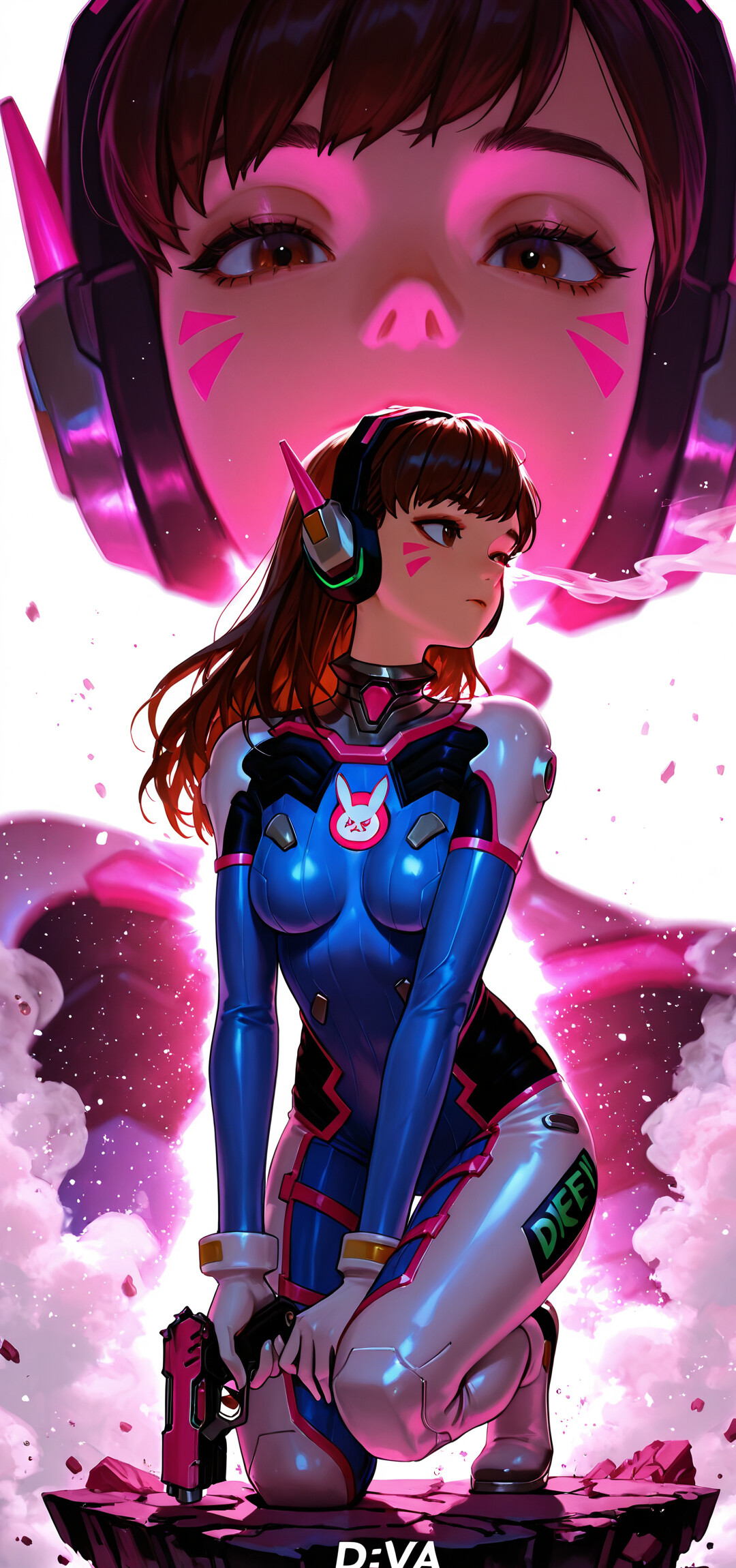 Un’illustrazione che ritrae D.Va, personaggio del videogioco Overwatch, in piedi, con il corpo intero, mentre è accovacciata su un pavimento a scacchi rosa e nero. Indossa la sua tuta da pilota, tiene in mano una pistola rosa e si volta a guardare sopra la spalla. Sullo sfondo si vede un primo piano ingrandito del suo volto, con una leggera tonalità rosa.