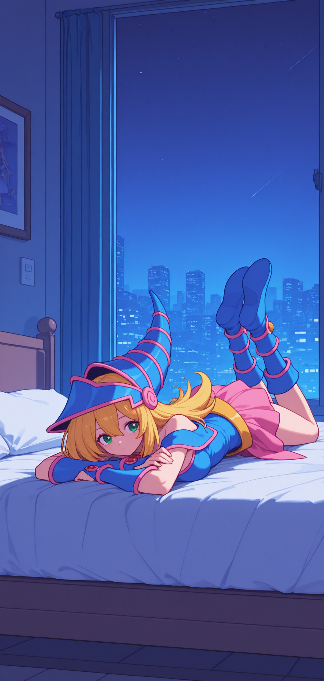 La Maga Oscura, personaggio di Yu-Gi-Oh!, indossa il suo caratteristico abito blu e rosa ed è sdraiata a pancia in giù su un letto in un appartamento di lusso. Dalla finestra si può ammirare il panorama notturno della città e una stella cadente.