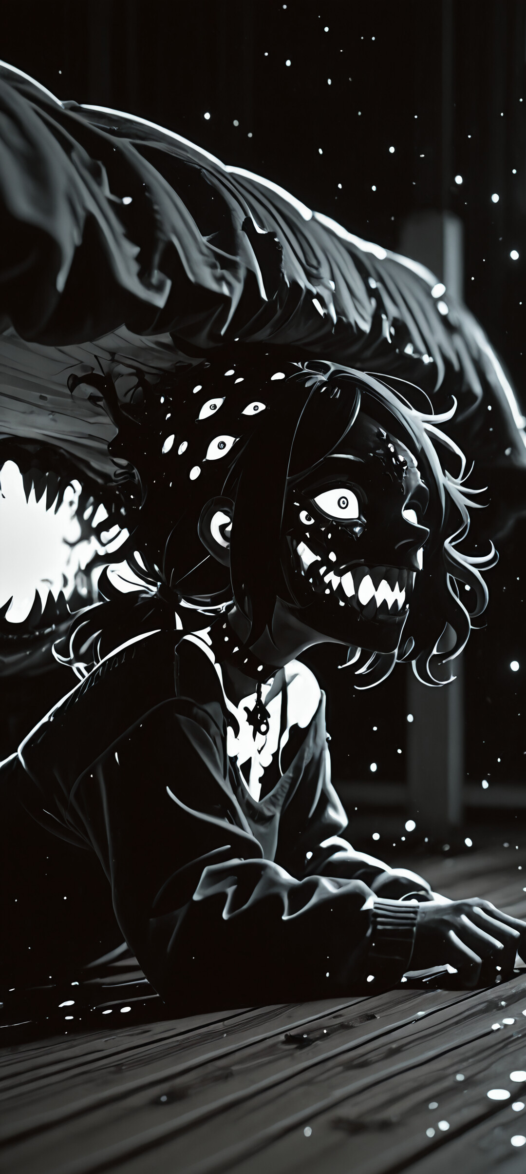 Un’illustrazione inquietante e macabra di Ashley Graves, tratta da «La bara di Andy e Leyley», che la raffigura come un mostro. È distesa su un pavimento di legno, sotto un letto, con molti occhi rossi luminosi e un sorriso che mette in mostra denti aguzzi.