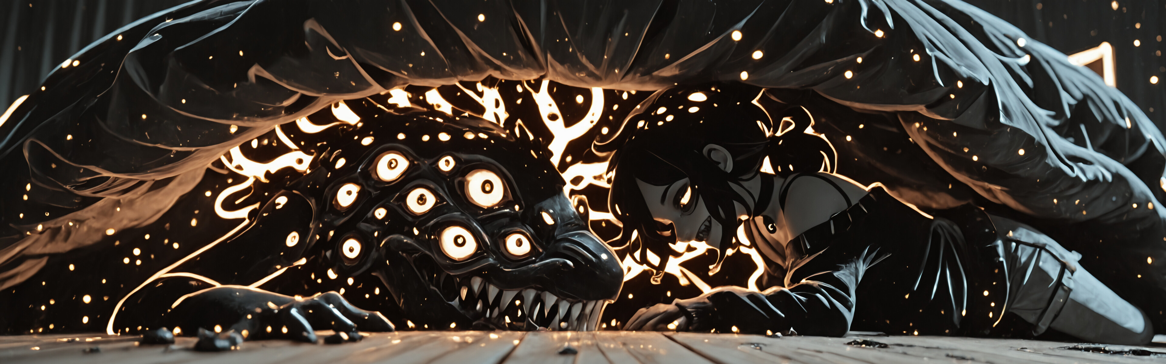 Un’illustrazione inquietante e macabra di Ashley Graves, tratta da «La bara di Andy e Leyley», che la raffigura come un mostro. È distesa su un pavimento di legno, sotto un letto, con molti occhi rossi luminosi e un sorriso che mette in mostra denti aguzzi.