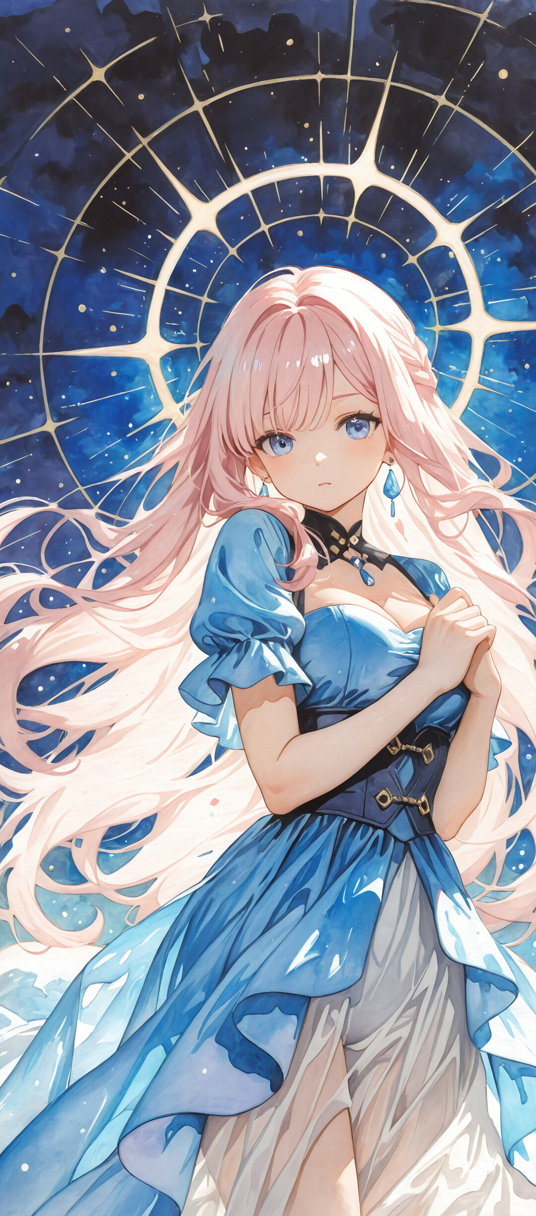 Un’illustrazione in stile anime che raffigura Elysia, personaggio del videogioco Honkai Impact 3rd: una bellissima ragazza con lunghi capelli rosa e occhi azzurri, che indossa un elegante abito azzurro chiaro, sullo sfondo di un cielo notturno magico e stellato.