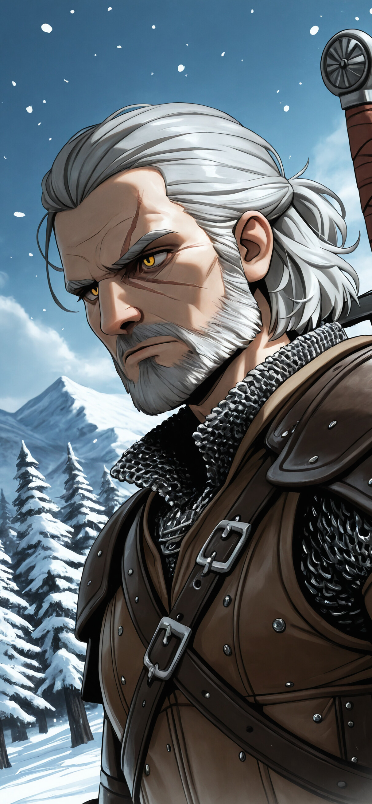 Un’illustrazione di Geralt di Rivia, personaggio della saga di The Witcher, con i capelli bianchi, la barba e gli occhi gialli, che guarda di lato. Si trova in un ambiente montuoso e innevato, indossa un’armatura di cuoio e maglia di ferro e ha una spada sulla schiena.