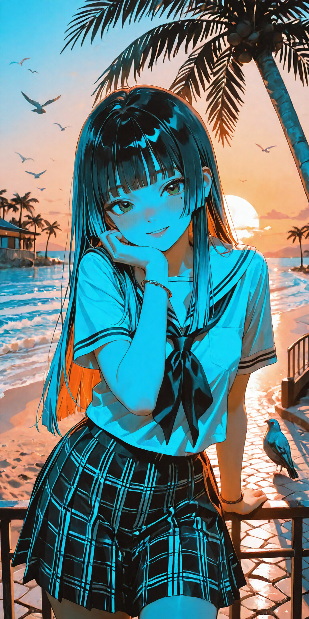 Una ragazza in stile anime, con lunghi capelli blu e occhi verdi, indossa un’uniforme scolastica da marinaia, è appoggiata a una ringhiera e sorride. Lo sfondo è una splendida scena di spiaggia, con il sole al tramonto, palme e uccelli che volano nel cielo.