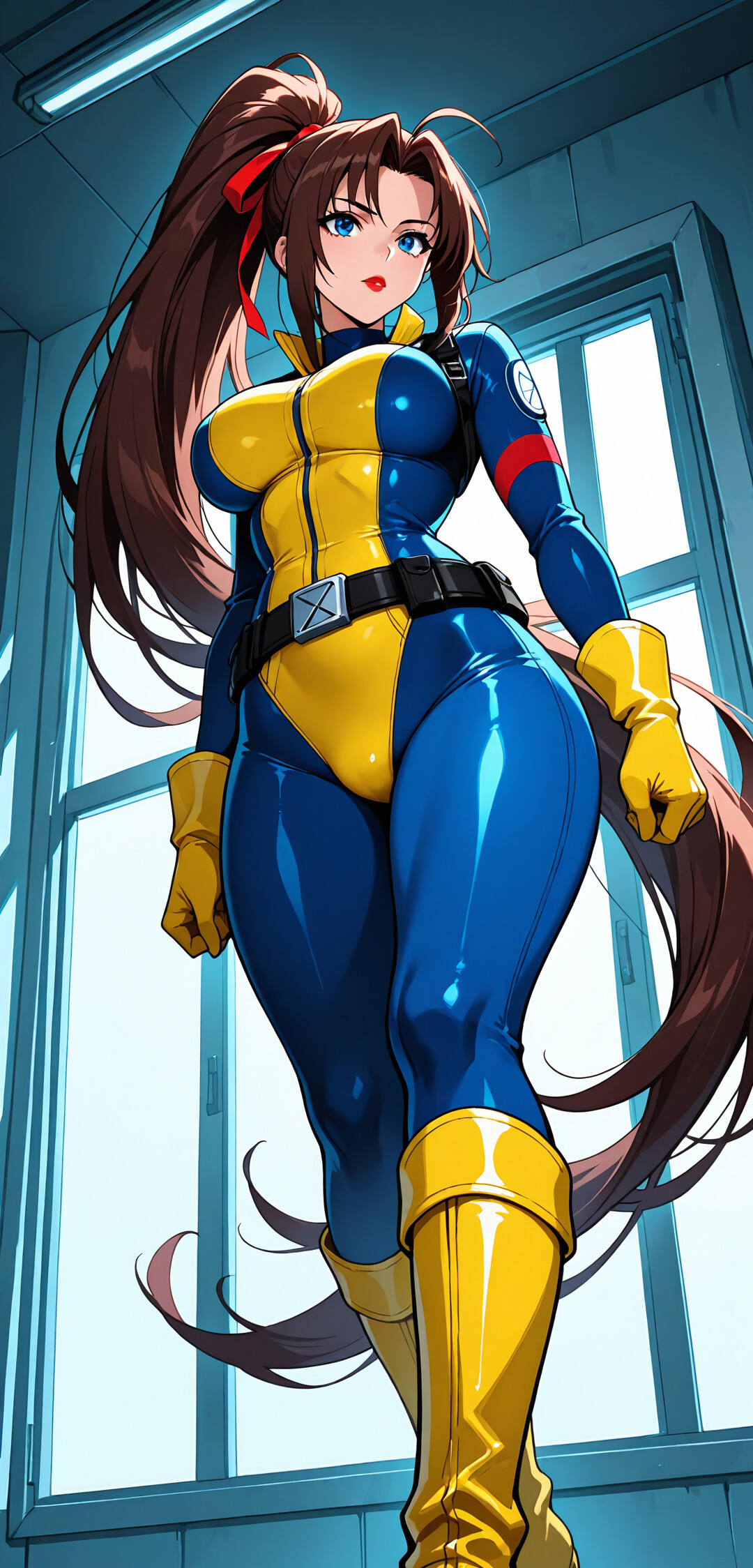 Una ripresa dal basso di Jean Grey degli X-Men, che indossa la sua classica tuta da allenamento blu e gialla, e posa con sicurezza, con i lunghi capelli castani raccolti in una coda di cavallo.
