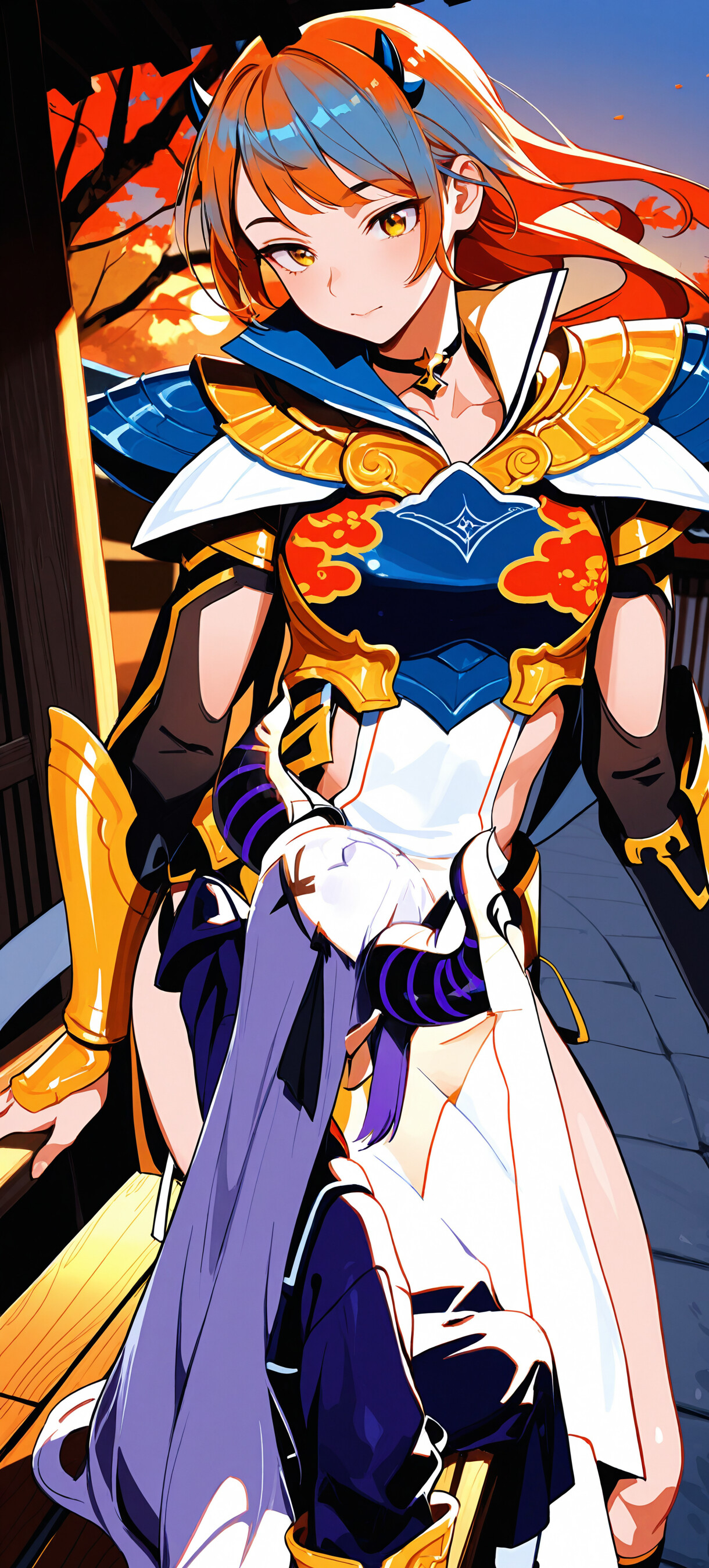 Un’illustrazione in stile anime di La+ Darknesss, personaggio di Hololive, una ragazza con i capelli viola e grandi corna, seduta su una veranda di legno in un contesto tradizionale giapponese, al tramonto, mentre tiene in mano uno spiedino di dango.