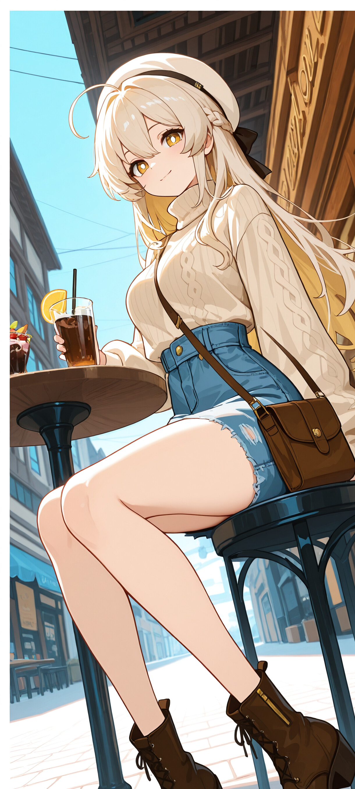 Lumine, personaggio del videogioco Genshin Impact, è una bellissima ragazza in stile anime, con lunghi capelli biondi, seduta su una panchina in città. Indossa un abbigliamento casual, composto da un maglione e pantaloncini di jeans, e sorride mentre tiene in mano un caffè freddo.
