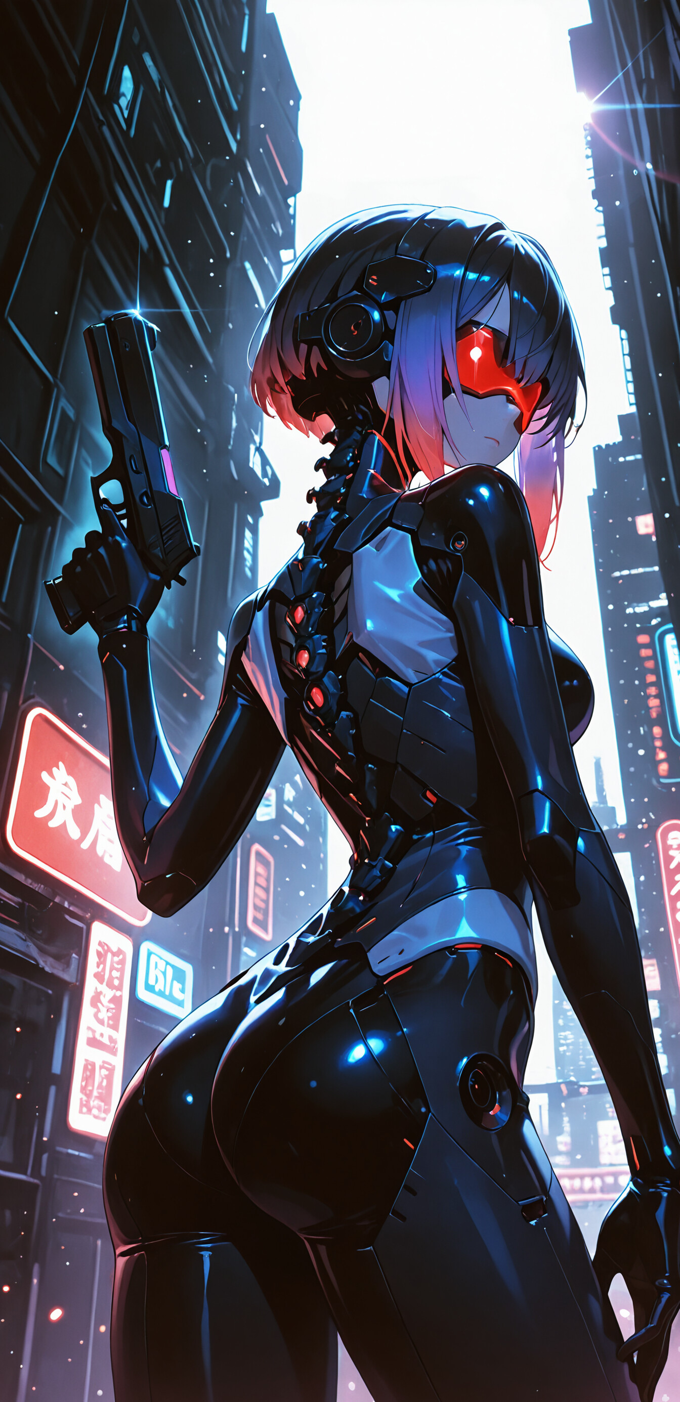 Un’illustrazione in stile anime che raffigura Motoko Kusanagi, il cyborg protagonista di Ghost in the Shell. Ha i capelli corti di colore viola, indossa una visiera rossa ed è vestita con una tuta cibernetica nera che lascia scoperta la colonna vertebrale meccanica. Tiene in mano una pistola e, voltandosi, osserva la città futuristica illuminata dai neon durante la notte.