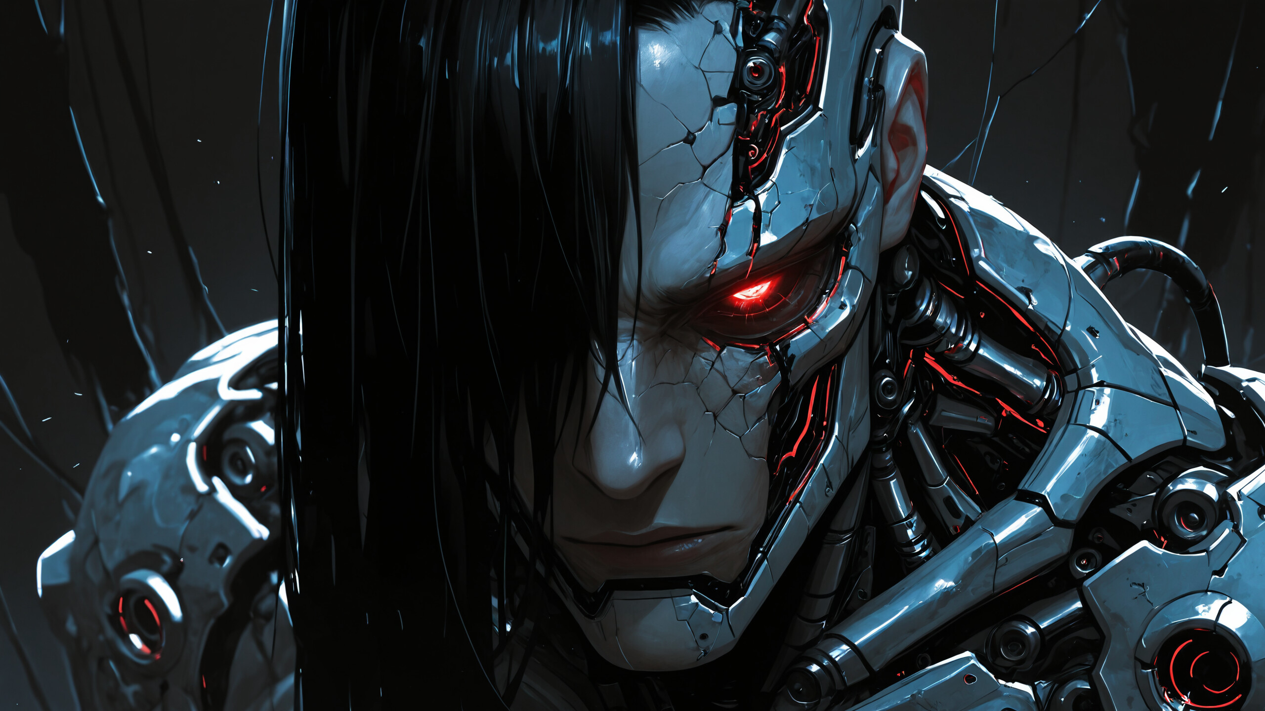 Ritratto frontale di uno scheletro robotico bianco, con occhi rossi luminosi e un cranio danneggiato che rivela i meccanismi interni neri, su uno sfondo scuro.