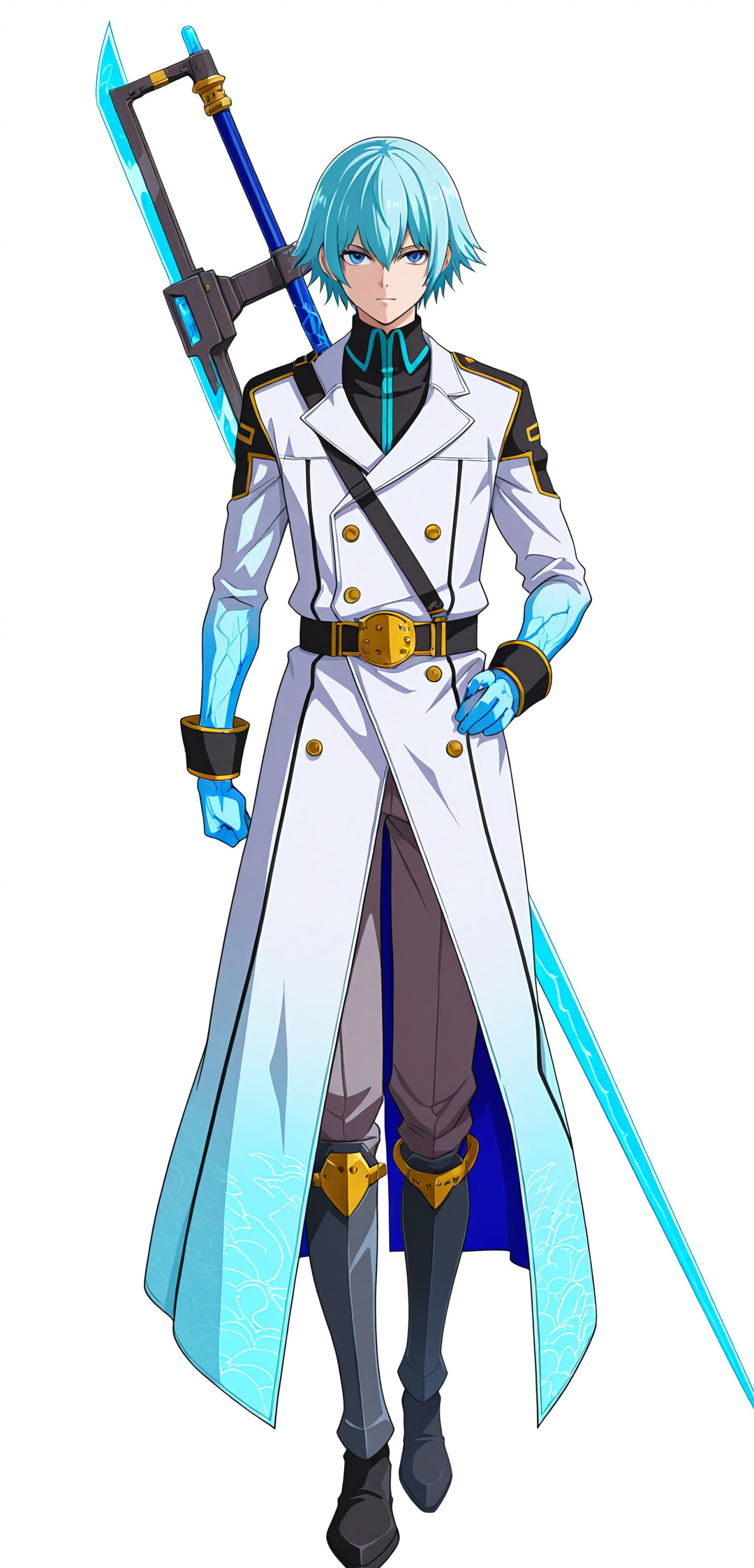 Illustrazione a figura intera di Sei, personaggio del videogioco BlazBlue Alternative: Dark War: un giovane con i capelli blu e ali di cristallo blu, che tiene in mano una grande lancia blu e rossa su uno sfondo bianco.