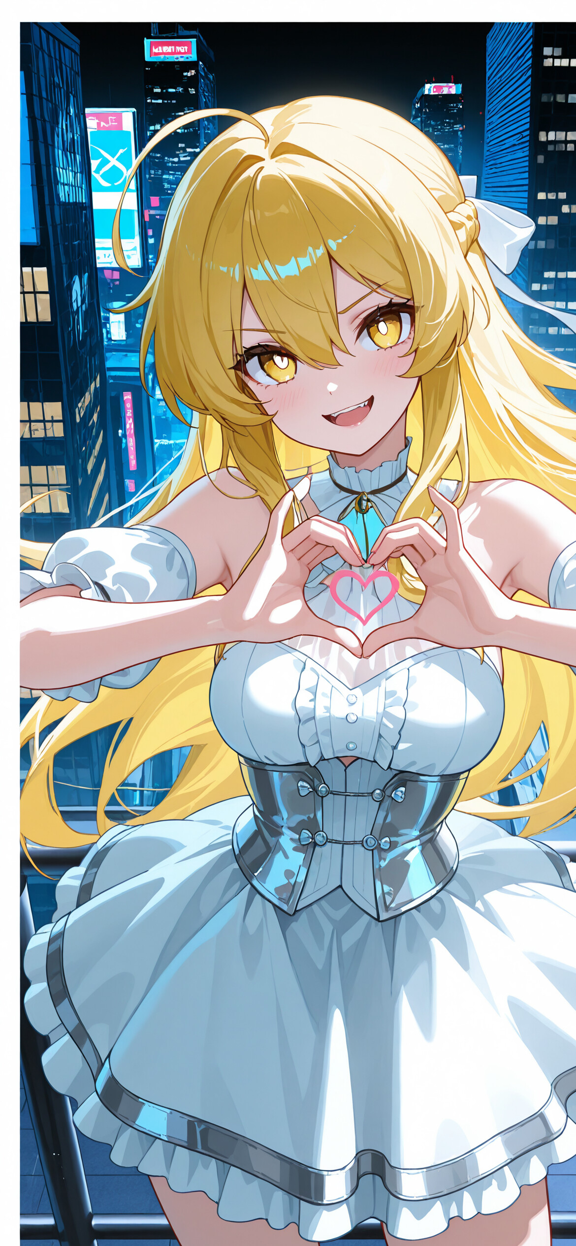 Shokuhou Misaki, un personaggio di un anime, con lunghi capelli biondi e un abito bianco, sorride e fa un gesto a forma di cuore con le mani, sullo sfondo di un panorama urbano.