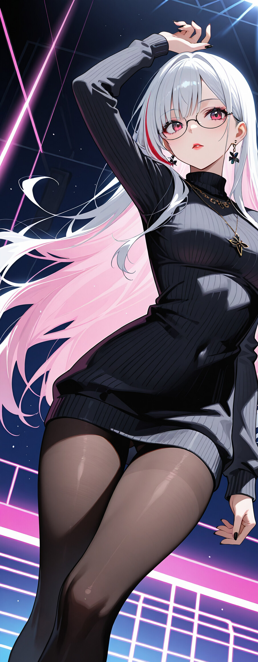 Una ragazza in stile anime con lunghi capelli tinti in diverse tonalità di bianco, blu e viola, occhi viola e occhiali, indossa un cardigan nero aperto, una collana aderente e delle calze, sullo sfondo di linee viola luminose.