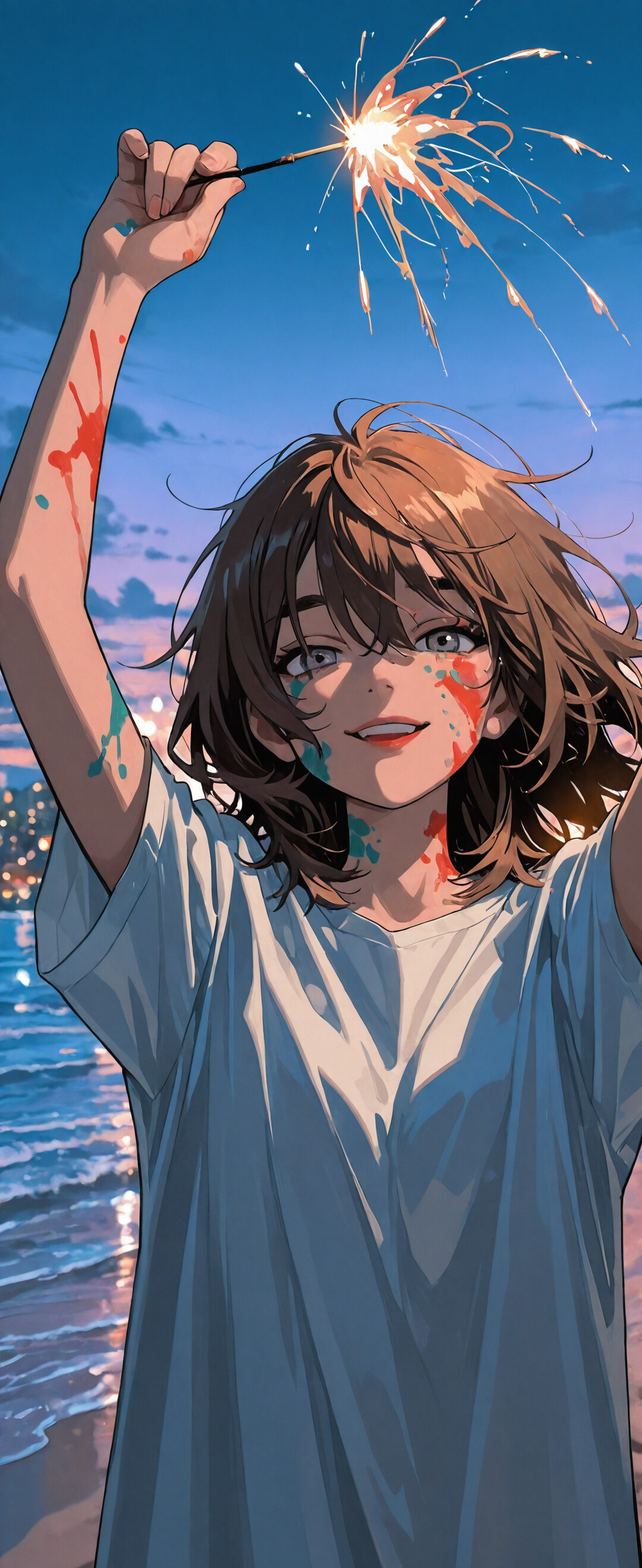 Una giovane donna con i capelli castani e il viso dipinto con colori vivaci tiene in alto una scintilla accesa su una spiaggia al tramonto, con il mare e il profilo di una città sullo sfondo.