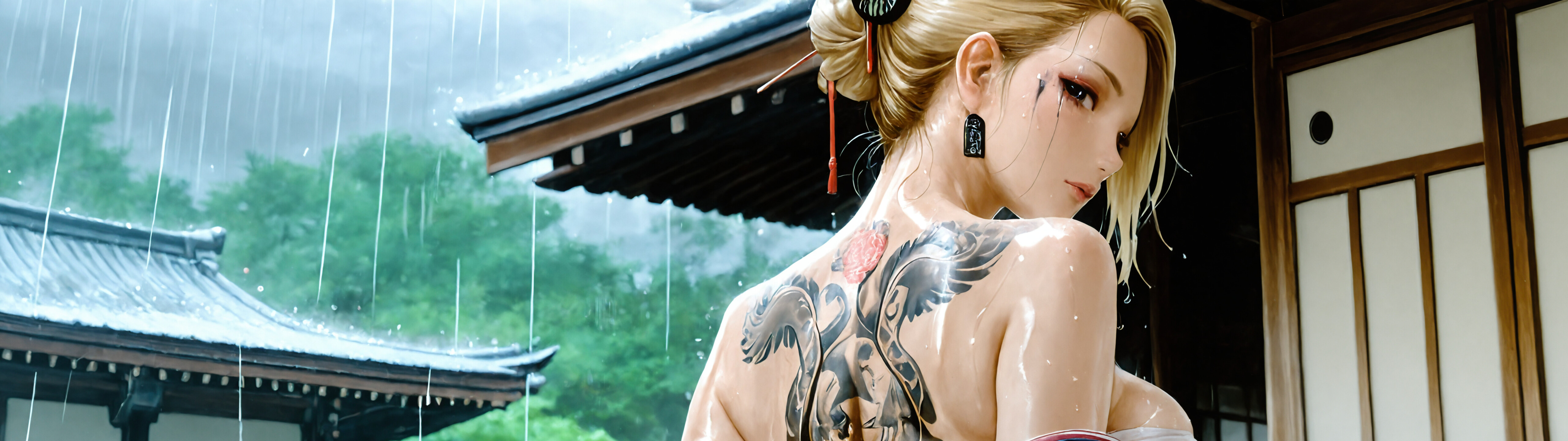Un’illustrazione digitale realistica che raffigura una donna bionda, di spalle rispetto all’osservatore, che si volta a guardare sopra la spalla sotto la pioggia. Ha un tatuaggio con un fiore e una maschera sulla schiena e indossa un kimono aperto sopra un sarashi.