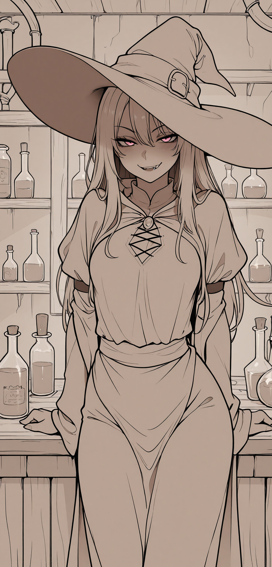 Un’illustrazione in tonalità seppia raffigura una strega in stile anime, con lunghi capelli biondi e un grande cappello, che sorride maliziosamente mentre tiene in mano una fiala a forma di cuore contenente una pozione d’amore, all’interno del suo laboratorio.
