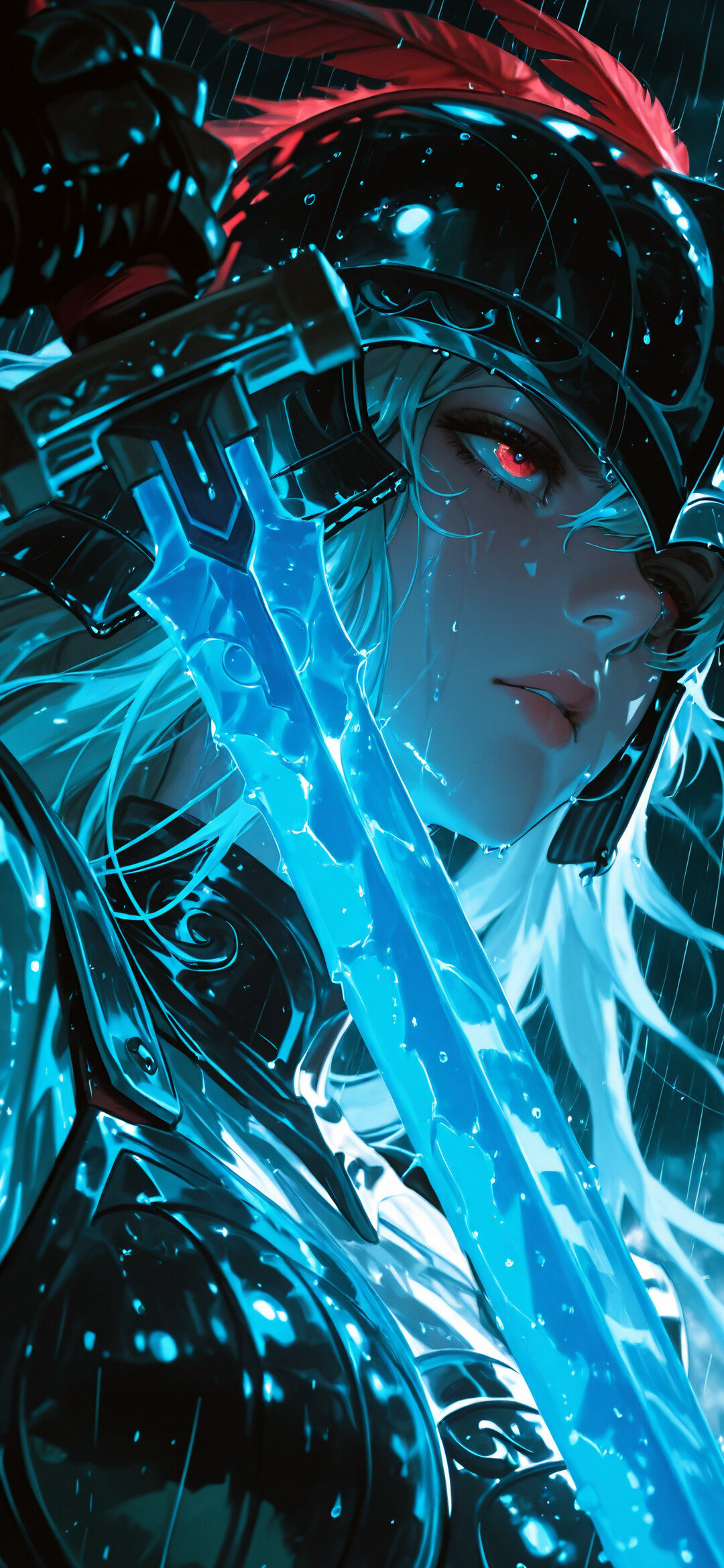 Un ritratto in stile anime di una guerriera con lunghi capelli bianchi e occhi rossi luminosi. Indossa un’armatura scura e un elmo con una piuma rossa, e tiene in mano una grande spada blu che emana luce, sotto la pioggia.