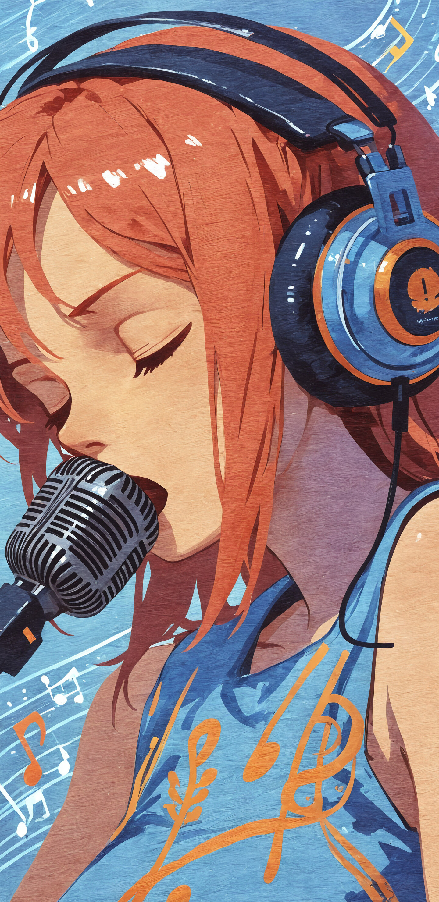 Un ritratto stilizzato, realizzato con una tecnica pittorica, che raffigura una giovane donna con capelli scuri, grandi cuffie e un microfono. La donna canta a occhi chiusi su uno sfondo blu decorato con note musicali.