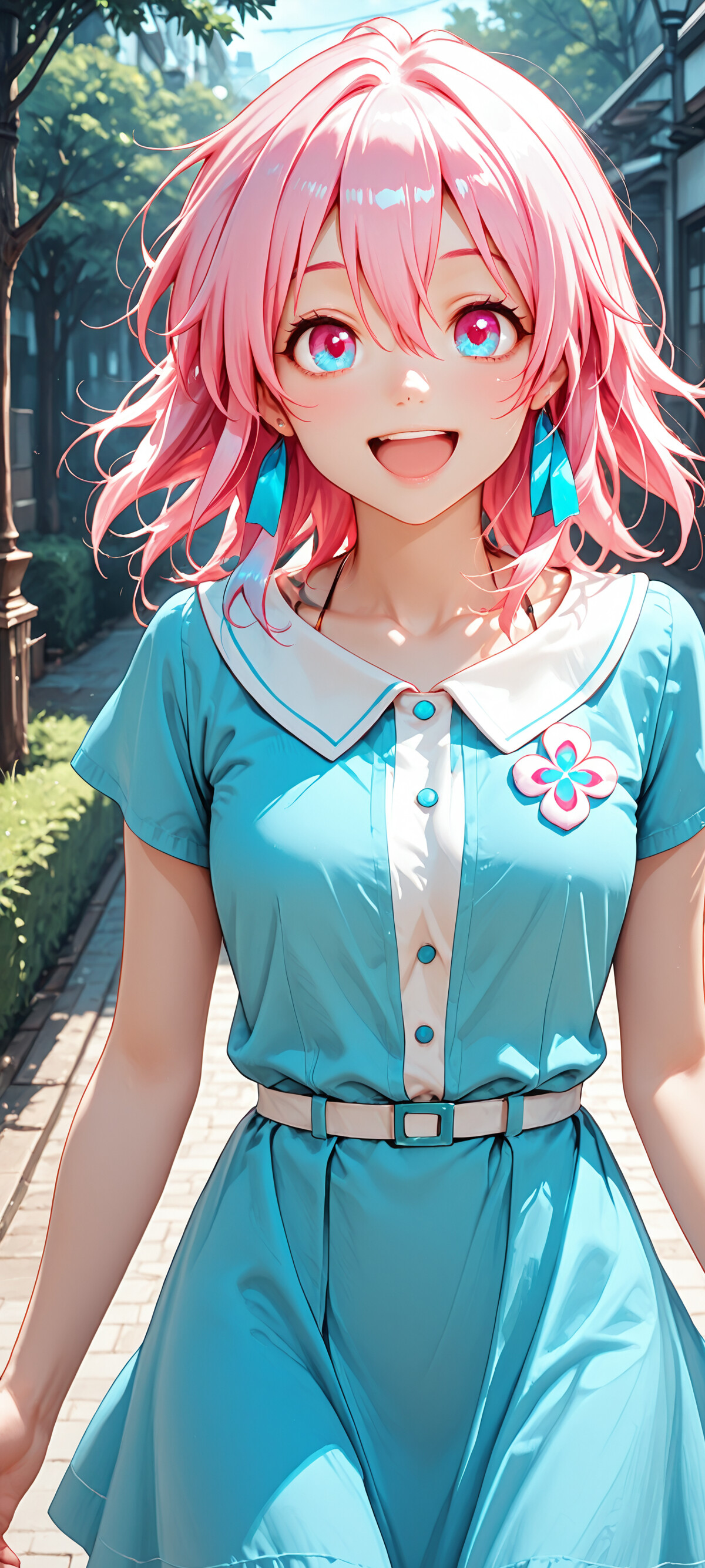 Un ritratto ravvicinato di una ragazza anime sorridente, con i capelli corti di colore rosa e grandi occhi azzurri. Indossa una maglietta azzurra e si trova in piedi in una porta illuminata dal sole.