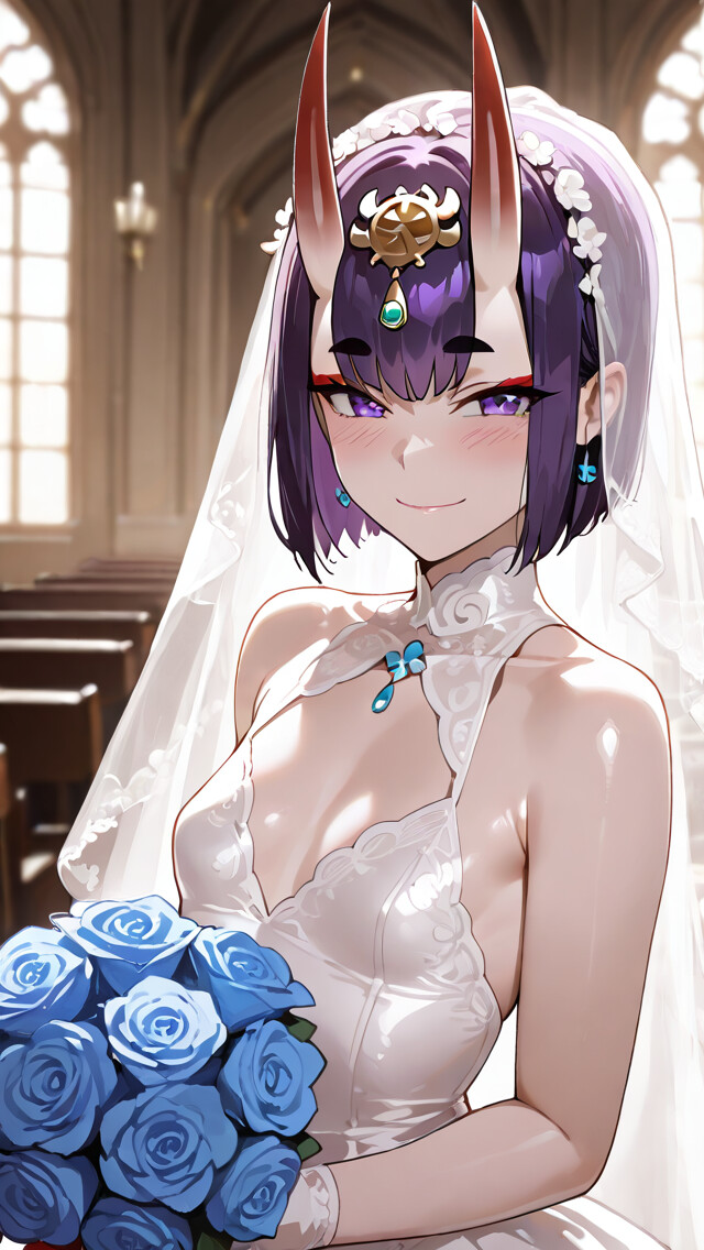 Shuten Douji, personaggio di Fate/Grand Order, è rappresentato come una sposa, sorridente, in un abito da sposa bianco e con un velo, all’interno di una chiesa, mentre tiene in mano un bouquet di rose blu.