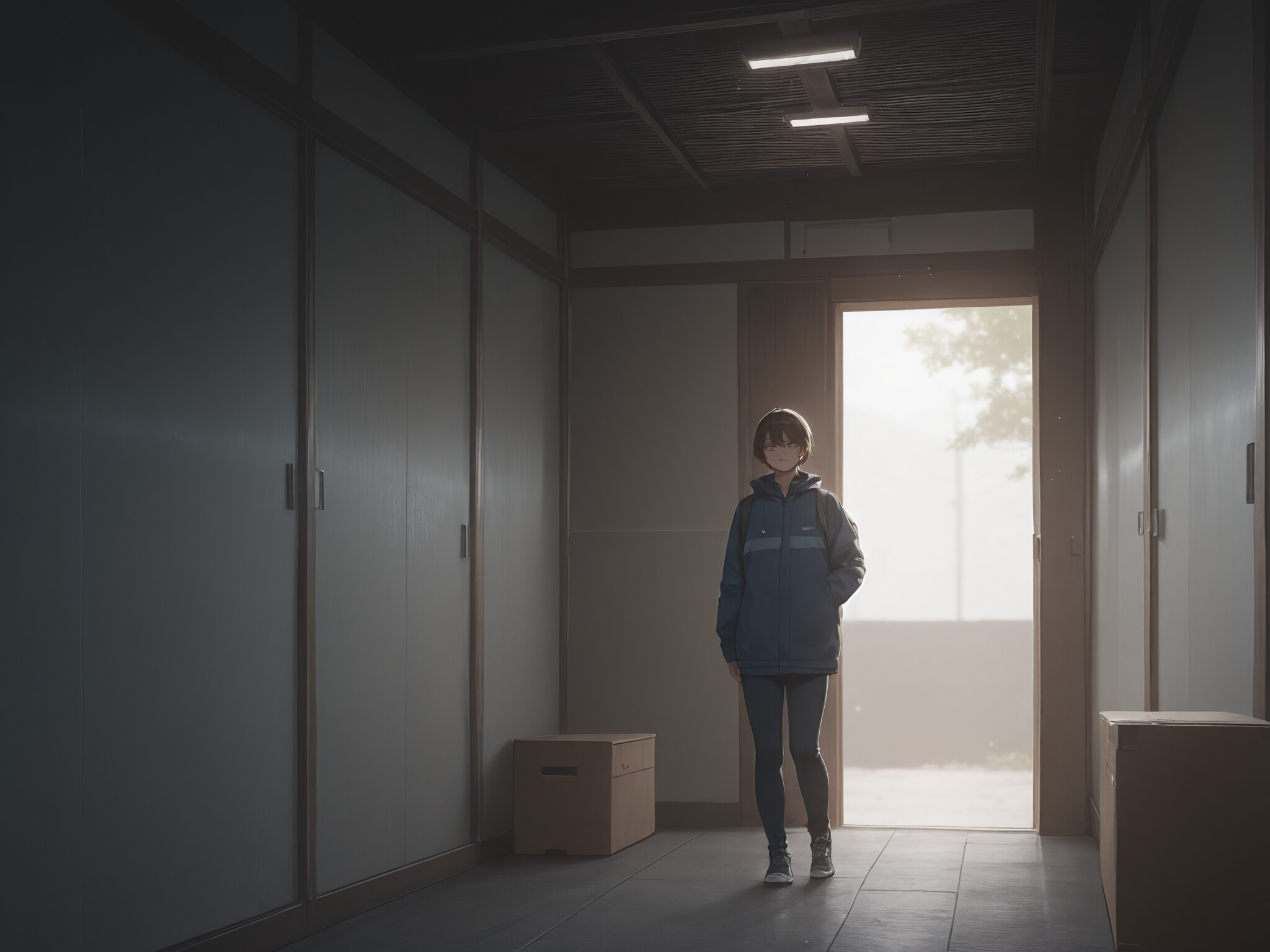 Una giovane donna, con lunghi capelli biondi e vestita con un lungo abito bianco, è in piedi di fronte a una porta verde scuro. Tiene qualcosa tra le mani ed è affiancata da due grandi piante in vaso, sotto un cielo soleggiato.