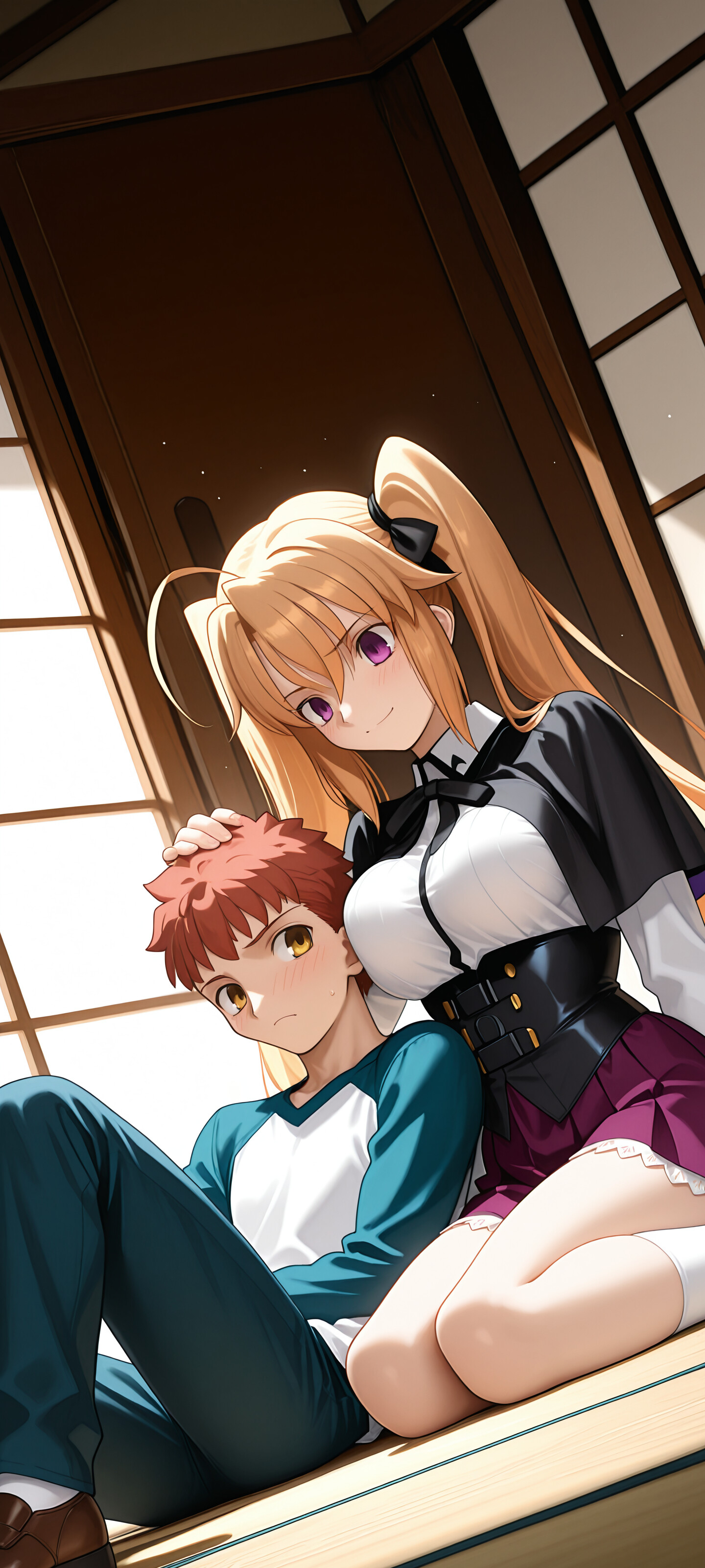 Un’illustrazione in stile anime che rappresenta un crossover tra Fate/stay night e High School DxD. Irina Shidou, una ragazza bionda con i capelli raccolti in due codini, è inginocchiata su un letto e si china su Shirou Emiya, un ragazzo dai capelli rossi, accarezzandogli la testa. Lui è sdraiato e la guarda con un leggero rossore sulle guance.