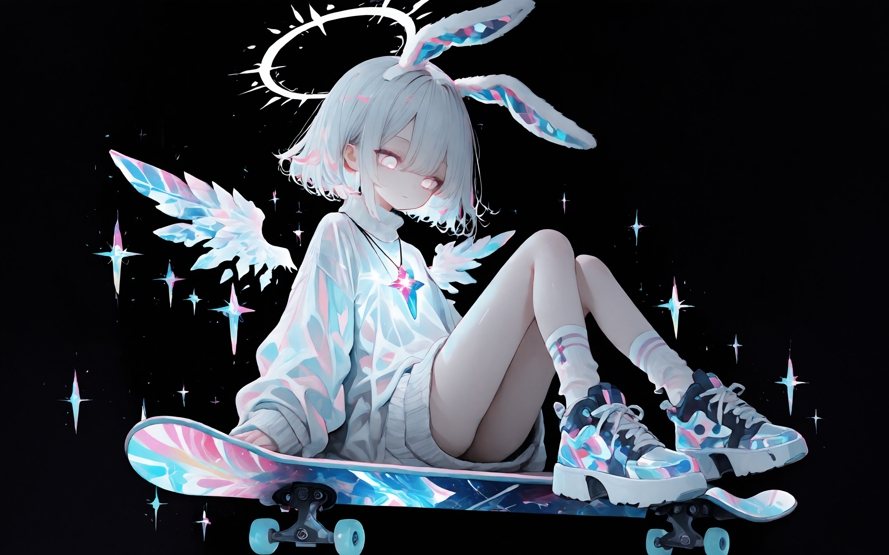 Un’illustrazione che raffigura una ragazza in stile anime a figura intera, con capelli bianchi, orecchie da coniglio e piccole ali angeliche, seduta su uno skateboard iridescente che emana luce, su uno sfondo nero uniforme.