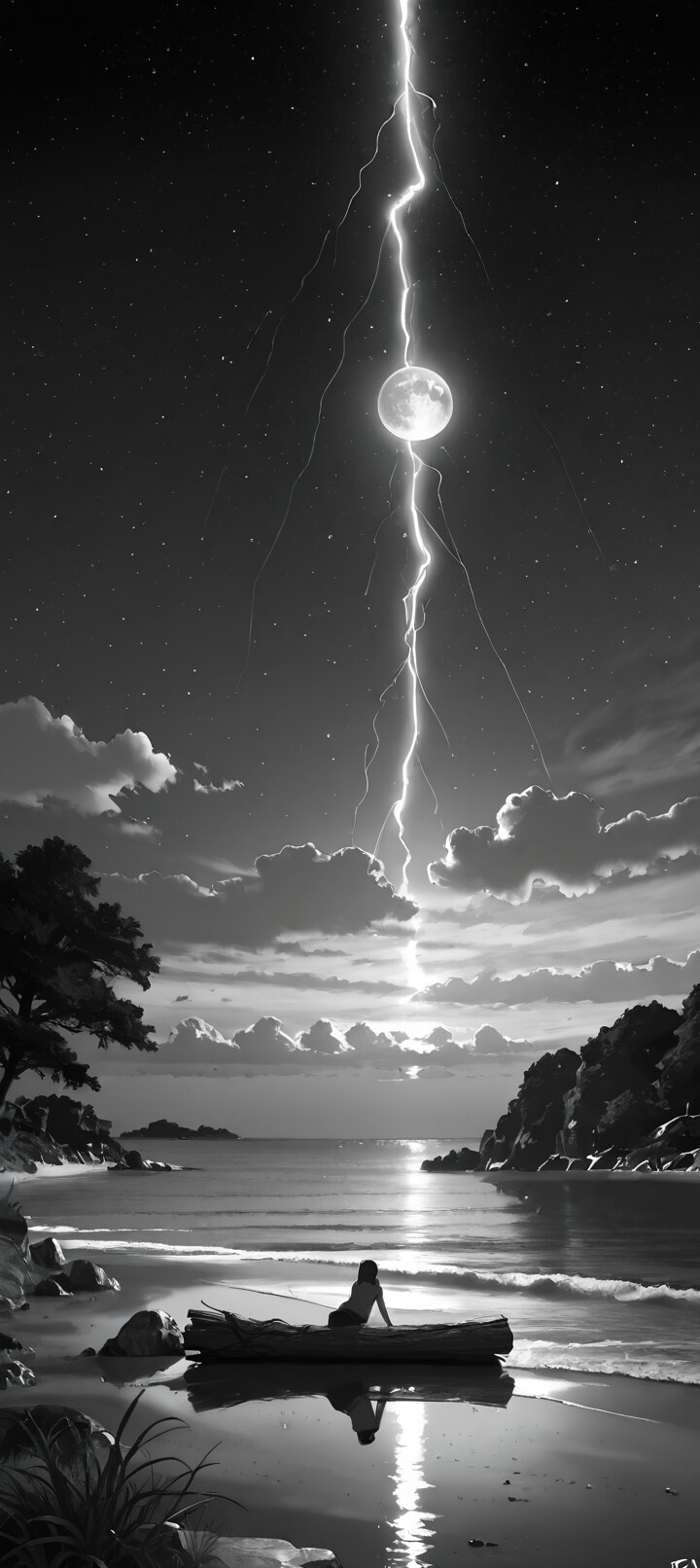 Un’immagine in bianco e nero di una spiaggia di notte. Una grande luna piena e un fulmine illuminano il cielo stellato. Un tronco giace sulla sabbia mentre le onde si infrangono dolcemente sulla riva, con una scogliera rocciosa e boscosa sullo sfondo.