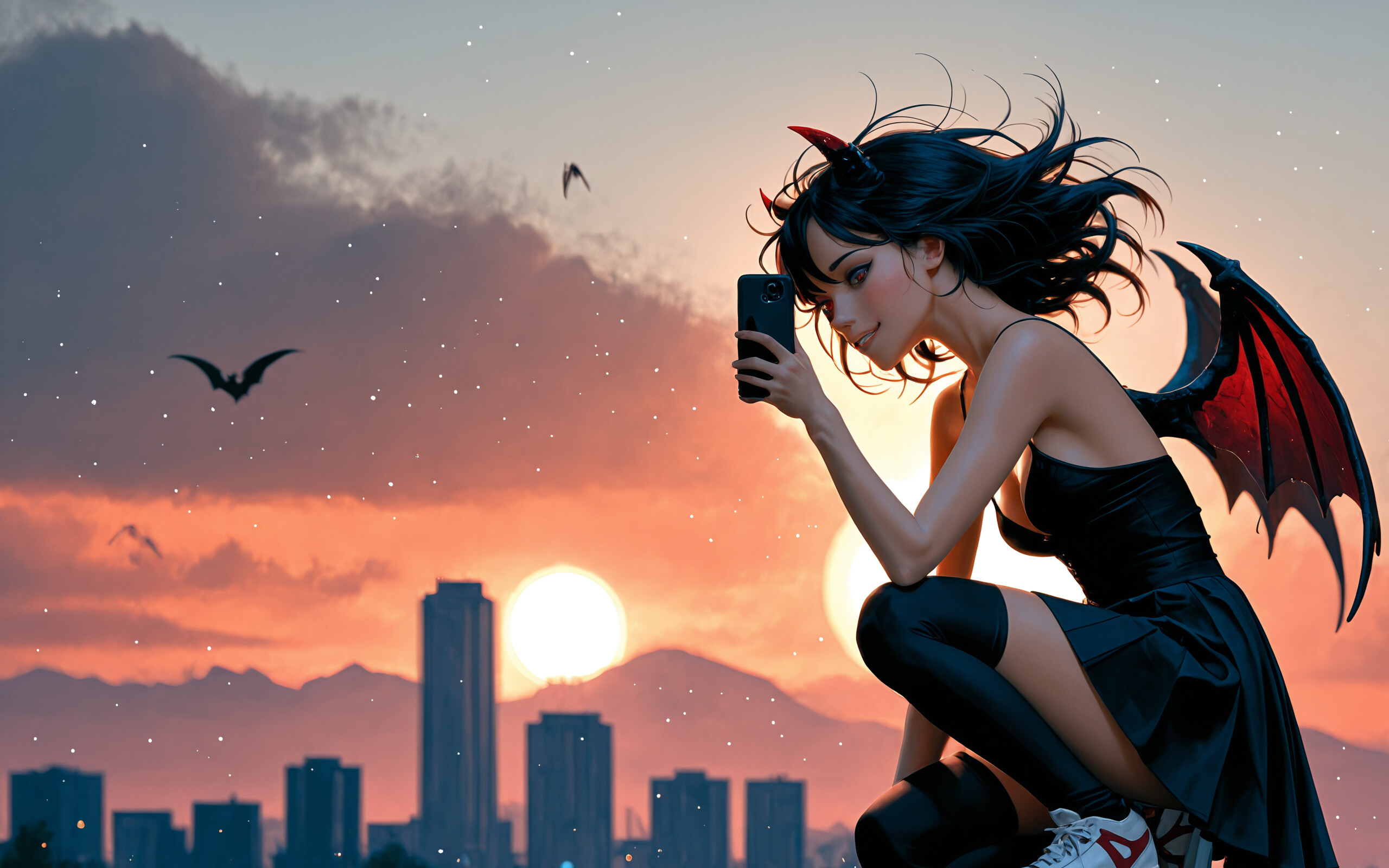 Un’illustrazione in stile anime che raffigura una giovane donna con capelli neri, corna da demone e grandi ali nere, seduta su un tetto, che sorride mentre guarda il suo telefono. Sullo sfondo, durante un tramonto dai colori vivaci, si intravede il profilo della città.