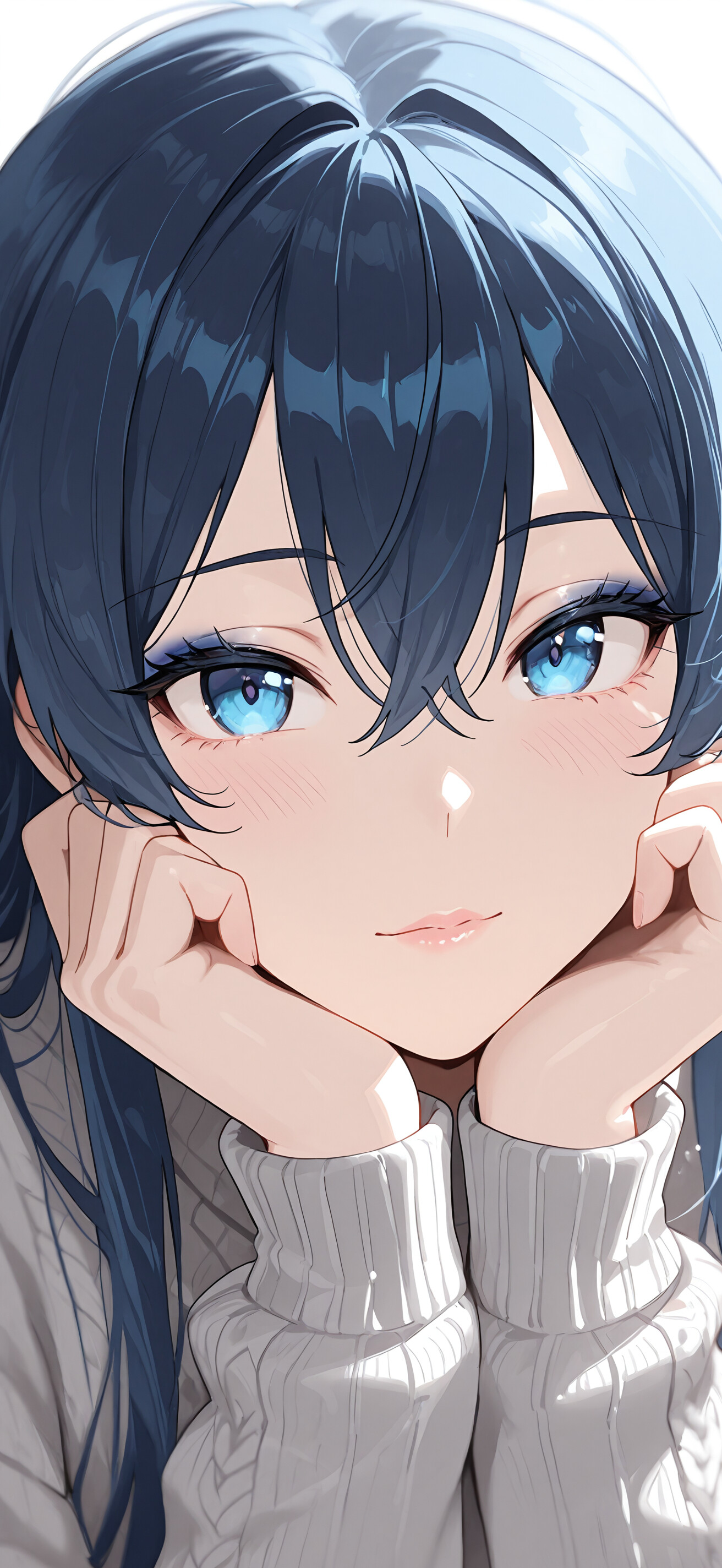 Un ritratto digitale ravvicinato di un personaggio con capelli corti di colore azzurro chiaro e occhi azzurri incredibilmente dettagliati, che guarda avanti con un’espressione serena.