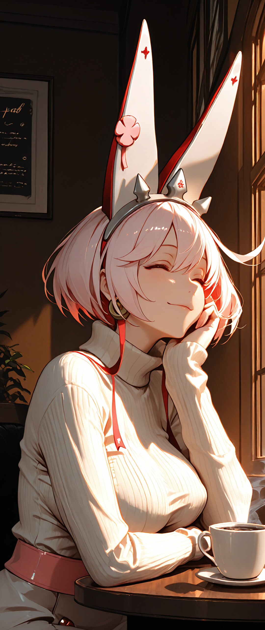 Un’illustrazione in stile anime di Elphelt Valentine, personaggio del videogioco Guilty Gear. Ha i capelli corti di colore rosa, gli occhi azzurri e grandi orecchie bianche simili a quelle di un coniglio, con una fascia a punte. Indossa un maglione bianco a collo alto ed è seduta a un tavolo di legno in un caffè, sorridendo dolcemente mentre appoggia il mento sulla mano. Sul tavolo, accanto a lei, c’è una tazza di caffè.