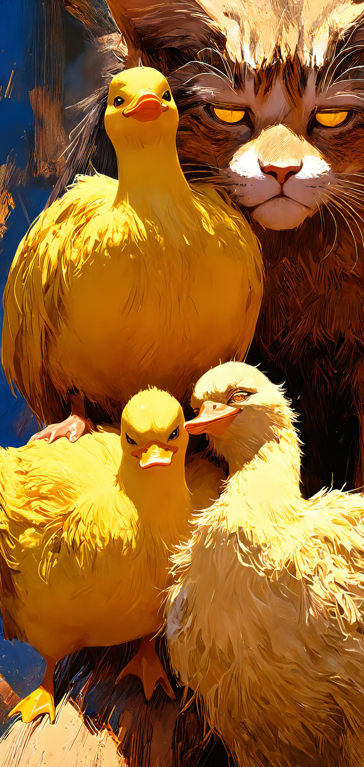 Un’illustrazione dettagliata e pittorica del muso di un gatto tigrato dall’espressione imbronciata, ripreso in primo piano estremo. Sei piccole anatre di gomma giallo brillante sono appoggiate sulla sua testa, come una corona.