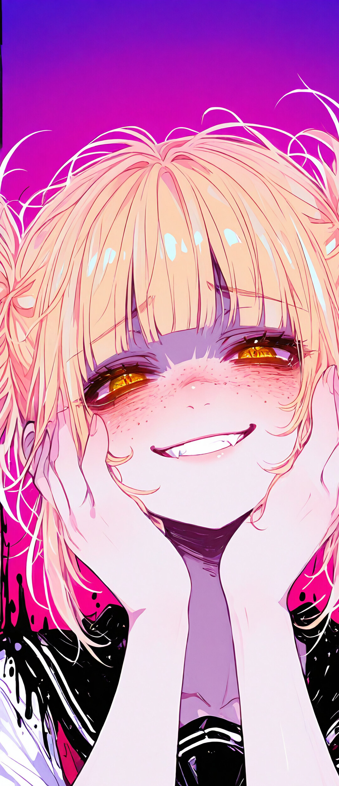 Un ritratto in stile anime di Himiko Toga, tratta da My Hero Academia. Ha i capelli biondi raccolti in due chignon disordinati, gli occhi dorati e un ampio sorriso che mostra i denti. Le mani sono appoggiate sulle guance e la sua espressione è stranamente gioiosa.