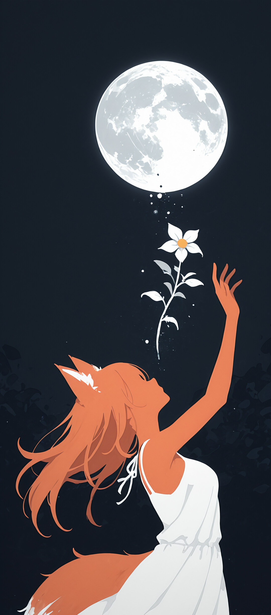 Un’illustrazione di Holo, personaggio della serie «Spice and Wolf», una ragazza con orecchie e coda da volpe di colore arancione e lunghi capelli arancioni, che indossa un abito bianco. È in piedi in un campo di fiori di notte, con le braccia tese verso la luna piena.
