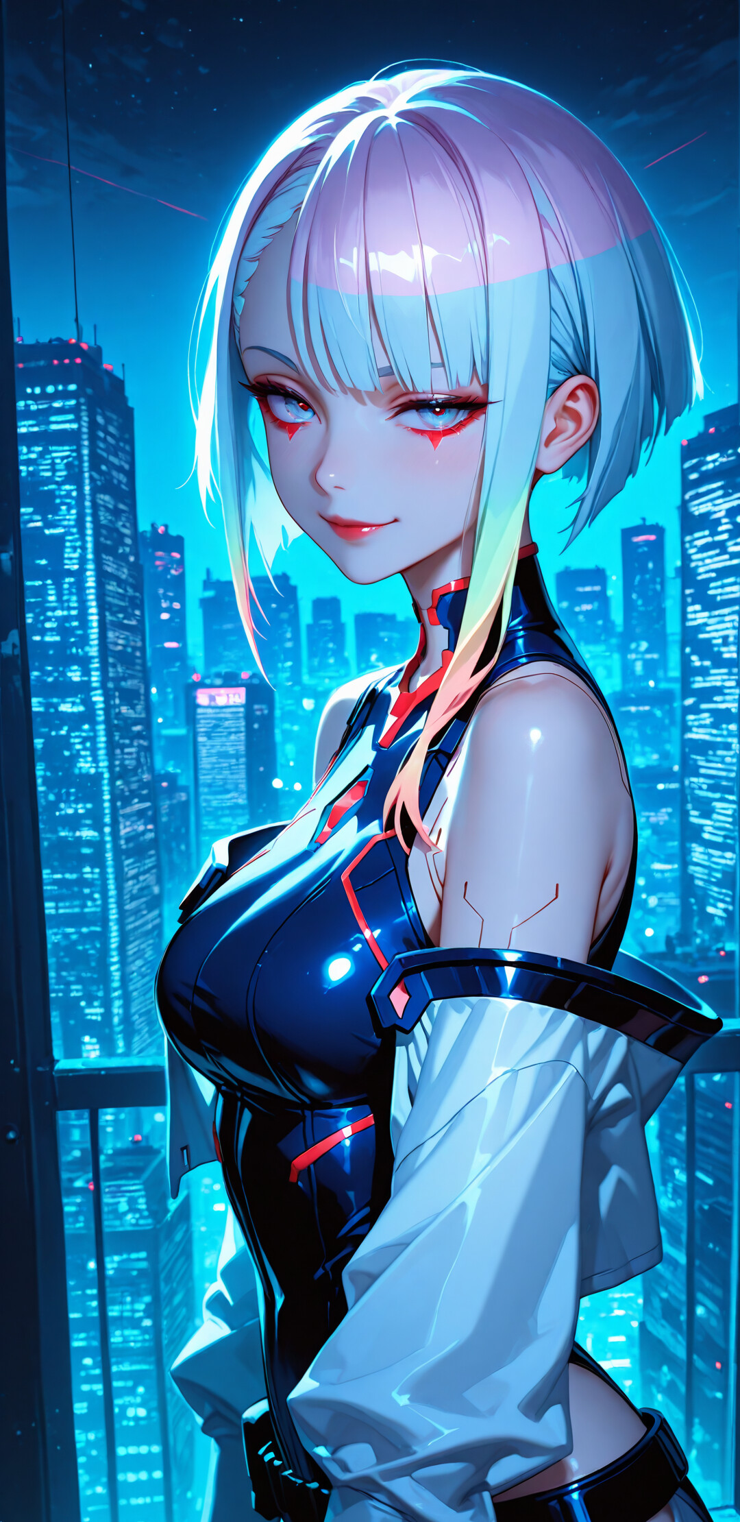 Un’illustrazione in stile anime di Lucy, tratta da Cyberpunk: Edgerunners: una giovane donna con i capelli corti, bianchi e con riflessi arcobaleno, che guarda lo spettatore con un sorriso sardonico. Si trova di fronte a una finestra che dà su un panorama urbano futuristico, illuminato dalla luce della notte.