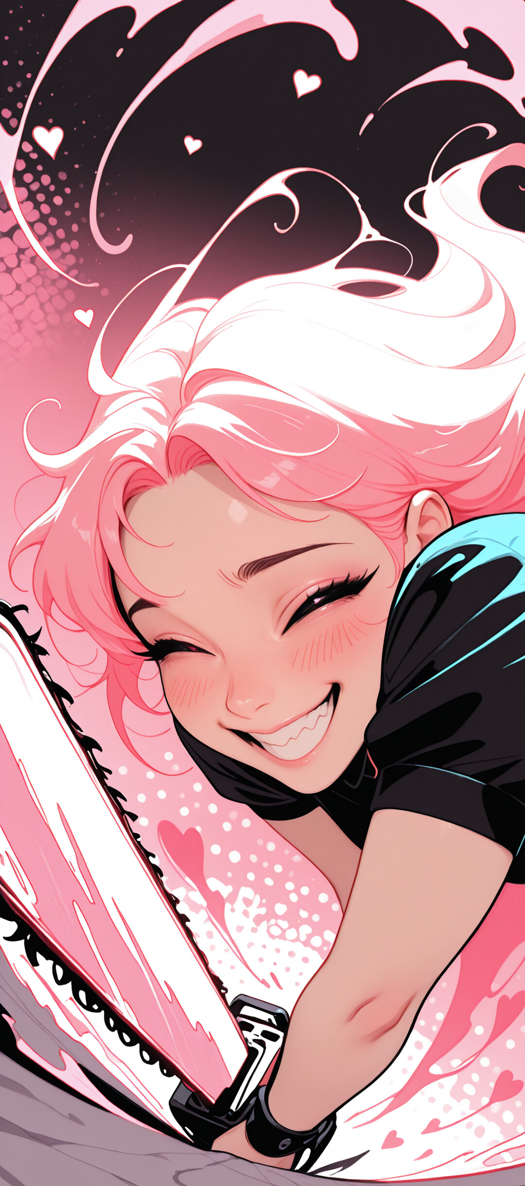Una ragazza anime con i capelli rosa, vestita da cameriera, ride in modo isterico mentre tiene in mano una motosega rosa, sullo sfondo si vedono cuori e spirali rosa.