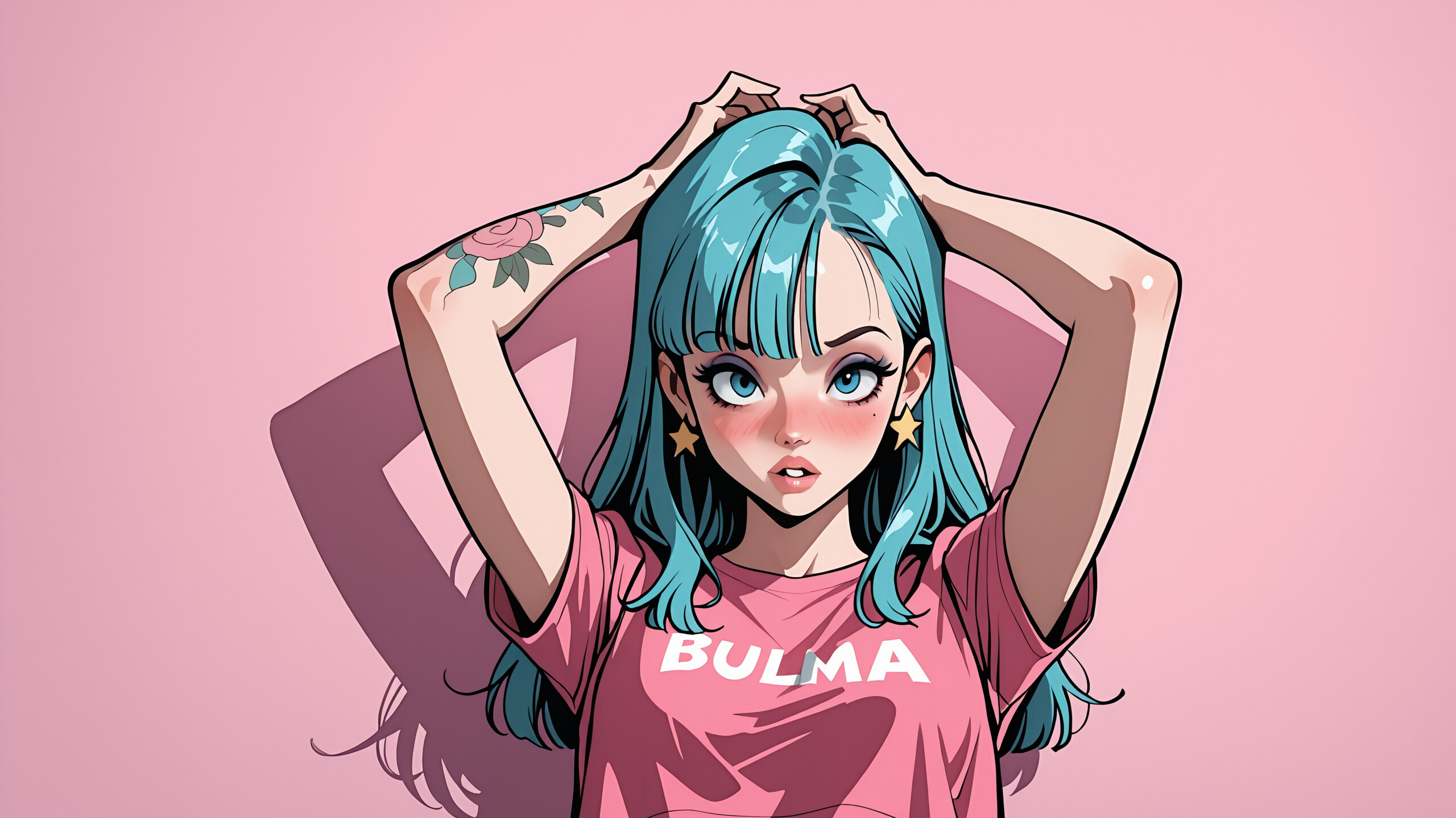 Un’illustrazione in stile anime di Bulma, personaggio di Dragon Ball, con i capelli e gli occhi azzurri. Indossa un top corto rosa con la scritta «BULMA», jeans blu e orecchini a forma di stella. Ha dei tatuaggi a forma di rosa sul braccio ed è ritratta in posa, con le mani dietro la testa, su uno sfondo rosa.
