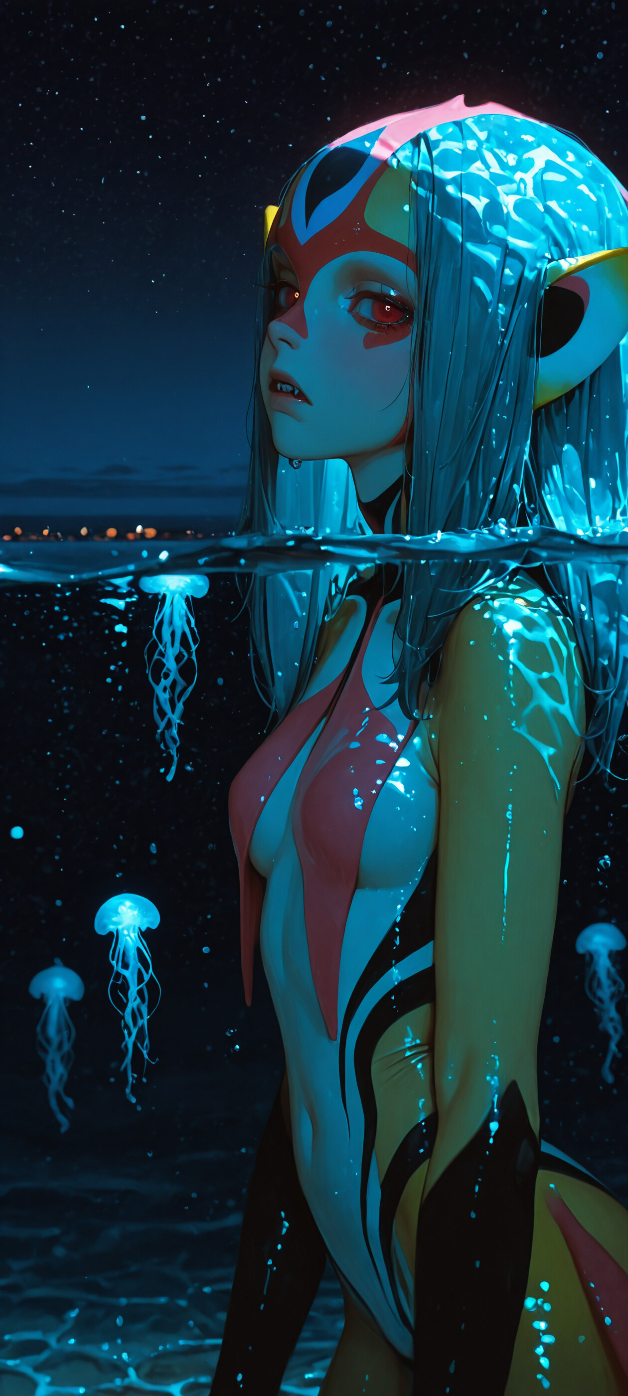 Un’illustrazione del personaggio anime Mutio, proveniente da Blue Submarine No. 6, che si trova nell’oceano di notte. Una grande medusa blu bioluminescente le fa da cappello, illuminandole il viso e i capelli grigi sullo sfondo del cielo stellato.