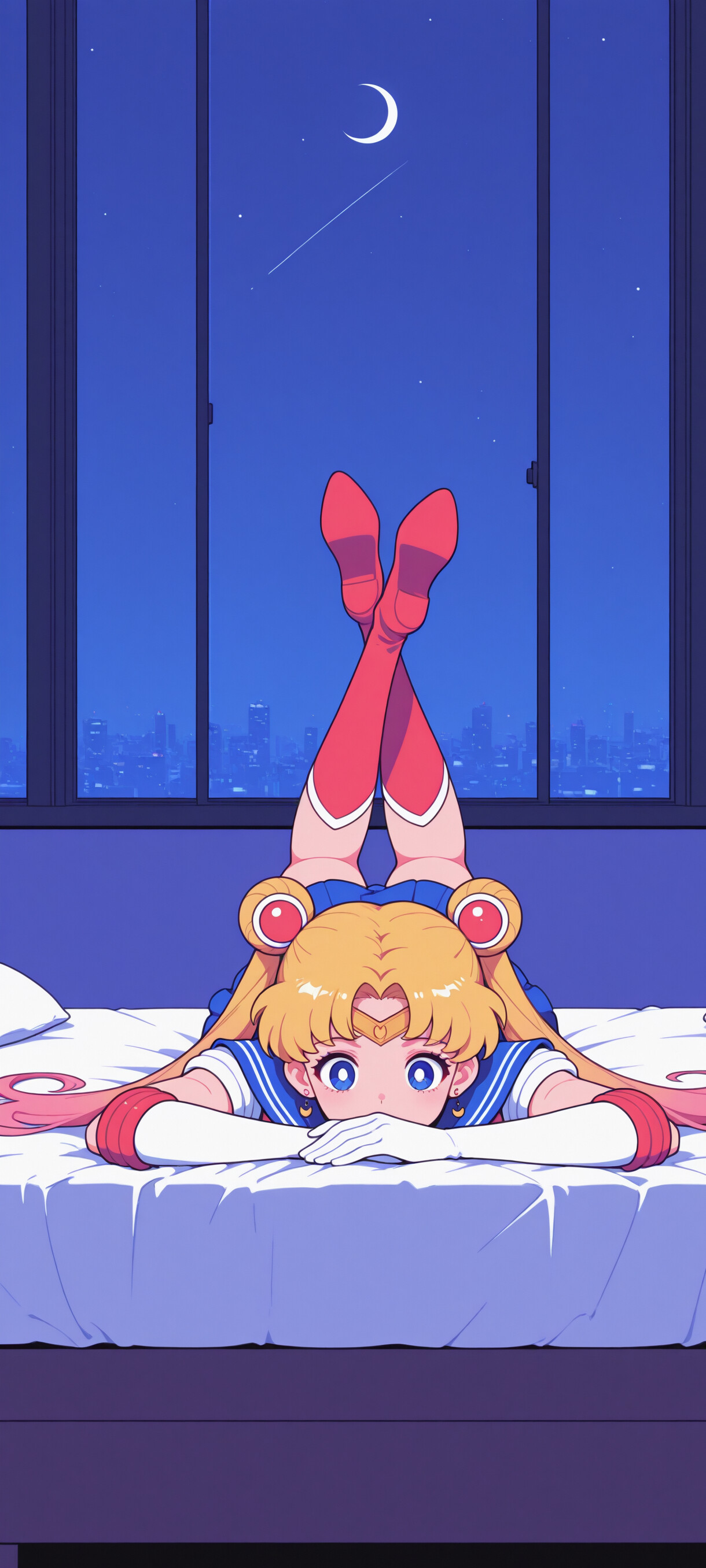 Sailor Moon, con la sua caratteristica acconciatura a due chignon biondi, è sdraiata a pancia in giù su un letto e guarda direttamente lo spettatore. Dietro di lei, una grande finestra rivela un vivace panorama urbano notturno, illuminato da un cielo stellato.