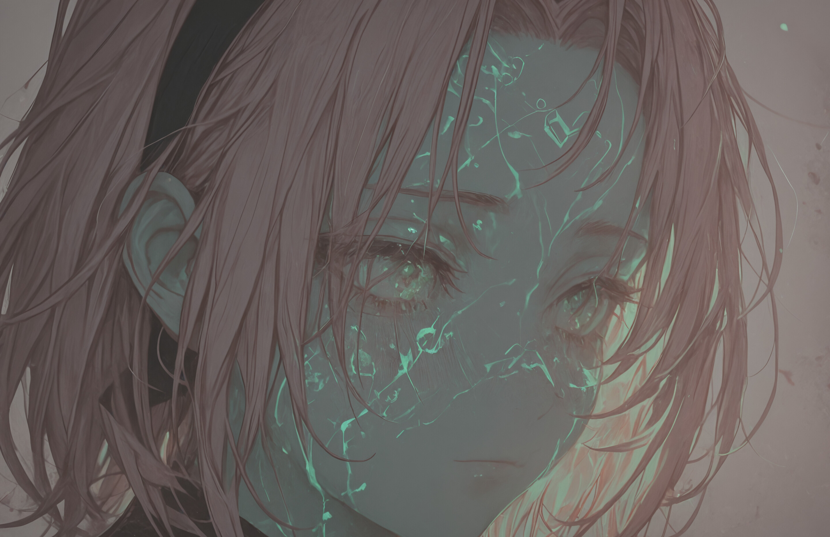 Un ritratto artistico di Sakura Haruno, tratta dalla serie Naruto, con i capelli rosa e gli occhi verdi luminosi. Sulla fronte porta il simbolo del Sigillo dei Cento, ed è vestita con un abito scuro decorato con motivi verdi luminosi, sullo sfondo di un cielo stellato con petali fluttuanti.