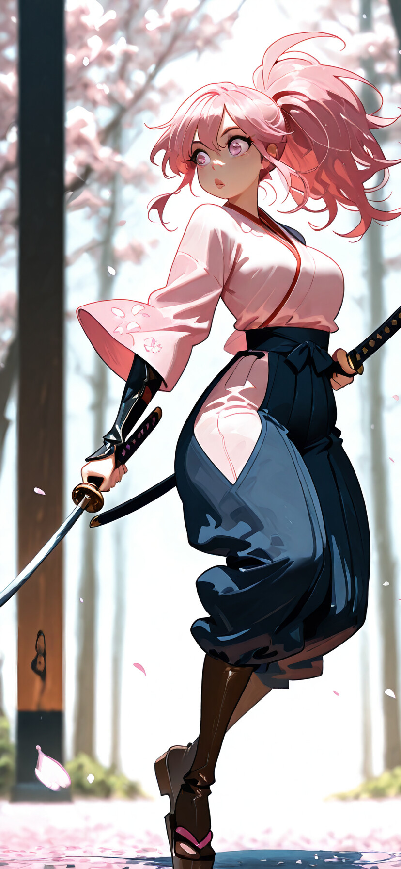 Un’illustrazione in stile anime che raffigura una giovane donna con i capelli rosa raccolti in una lunga coda di cavallo, che indossa un top bianco e un hakama rosa, e che tiene in mano una katana in posizione di difesa, in una foresta dove i petali dei ciliegi cadono.