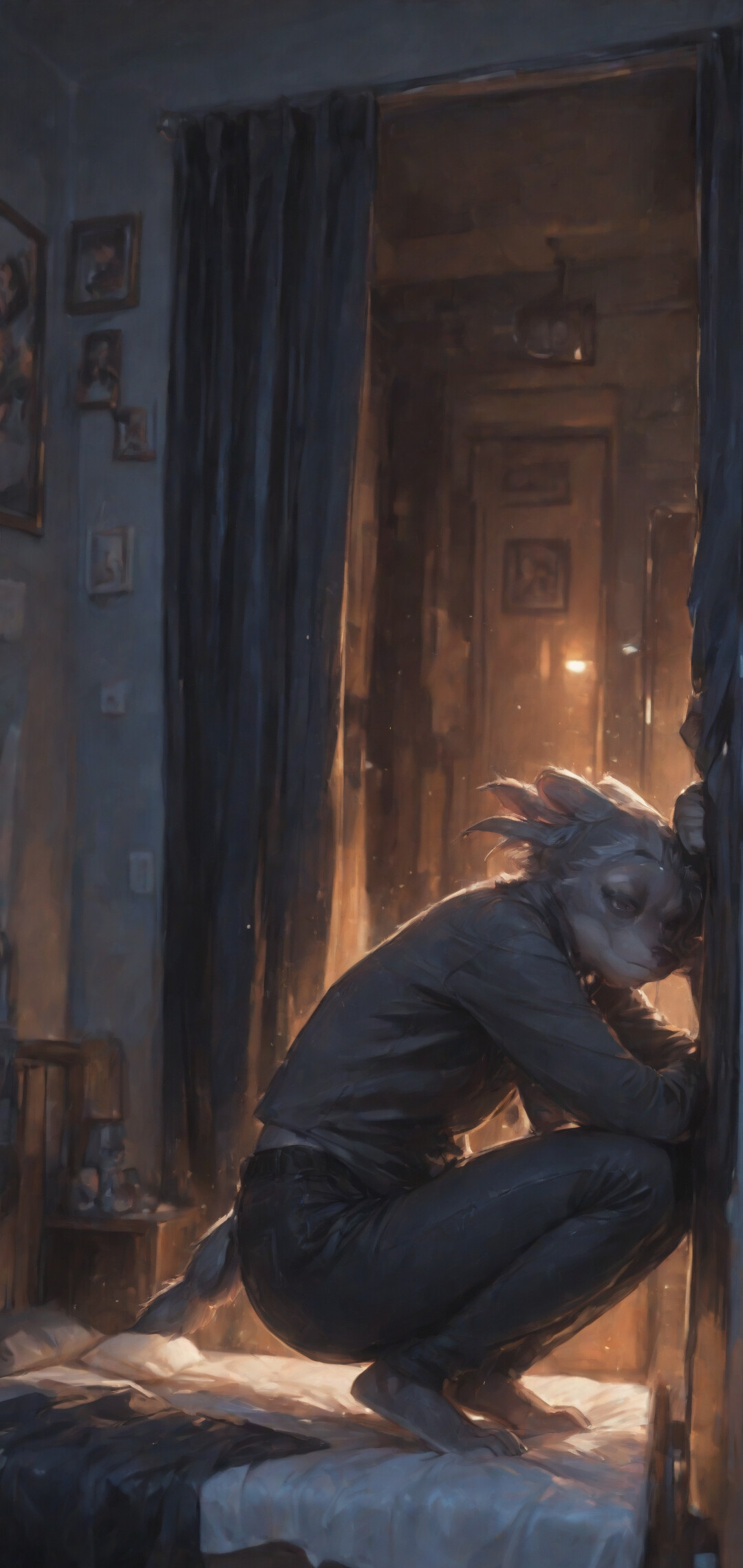 Un’illustrazione che raffigura una volpe antropomorfa di sesso femminile a figura intera, con il pelo rosso e bianco, che indossa una camicia rossa e pantaloni neri, appoggiata allo stipite di una porta in un appartamento poco illuminato.