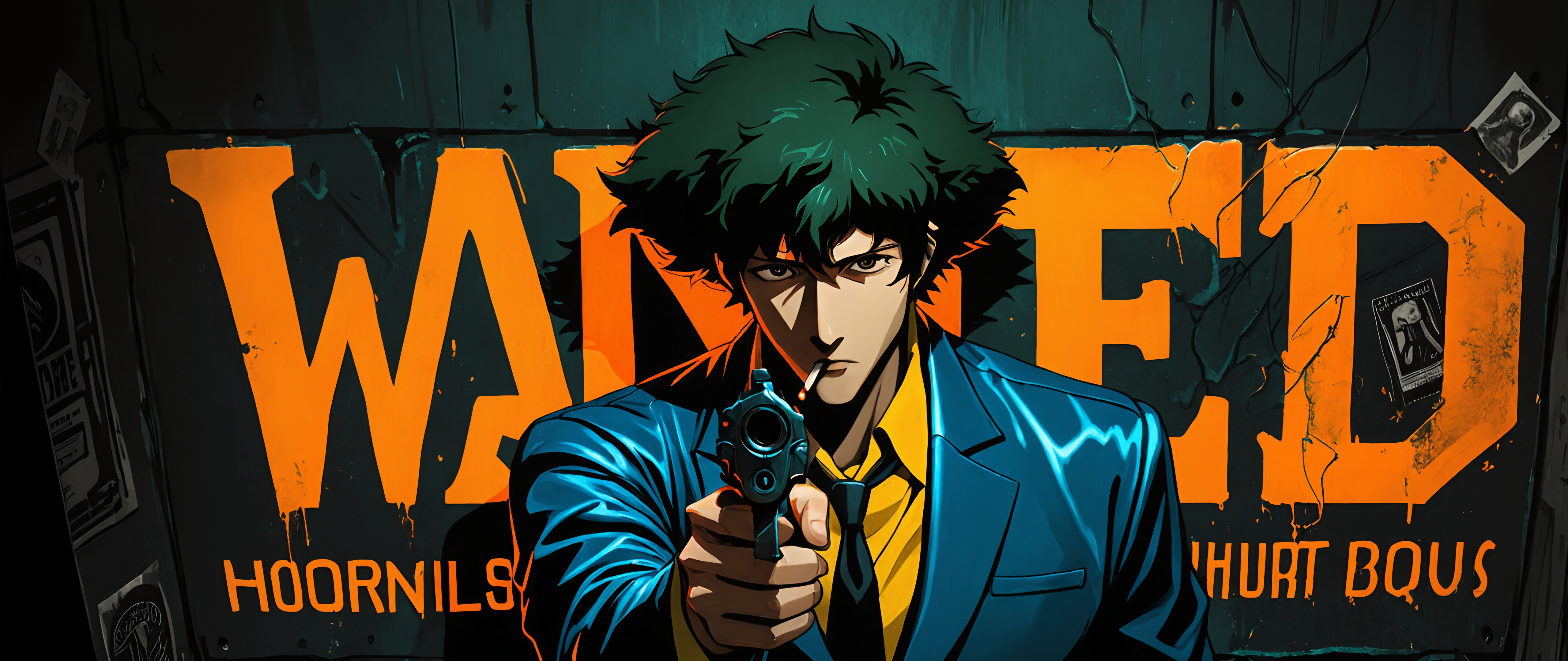 Illustrazione in stile anime di Spike Spiegel, protagonista di Cowboy Bebop, che punta una pistola verso la telecamera. Ha capelli scuri e disordinati, una sigaretta in bocca ed è vestito con un abito blu. Dietro di lui si vede un muro con un grande cartello al neon con la scritta «RICERCATO».