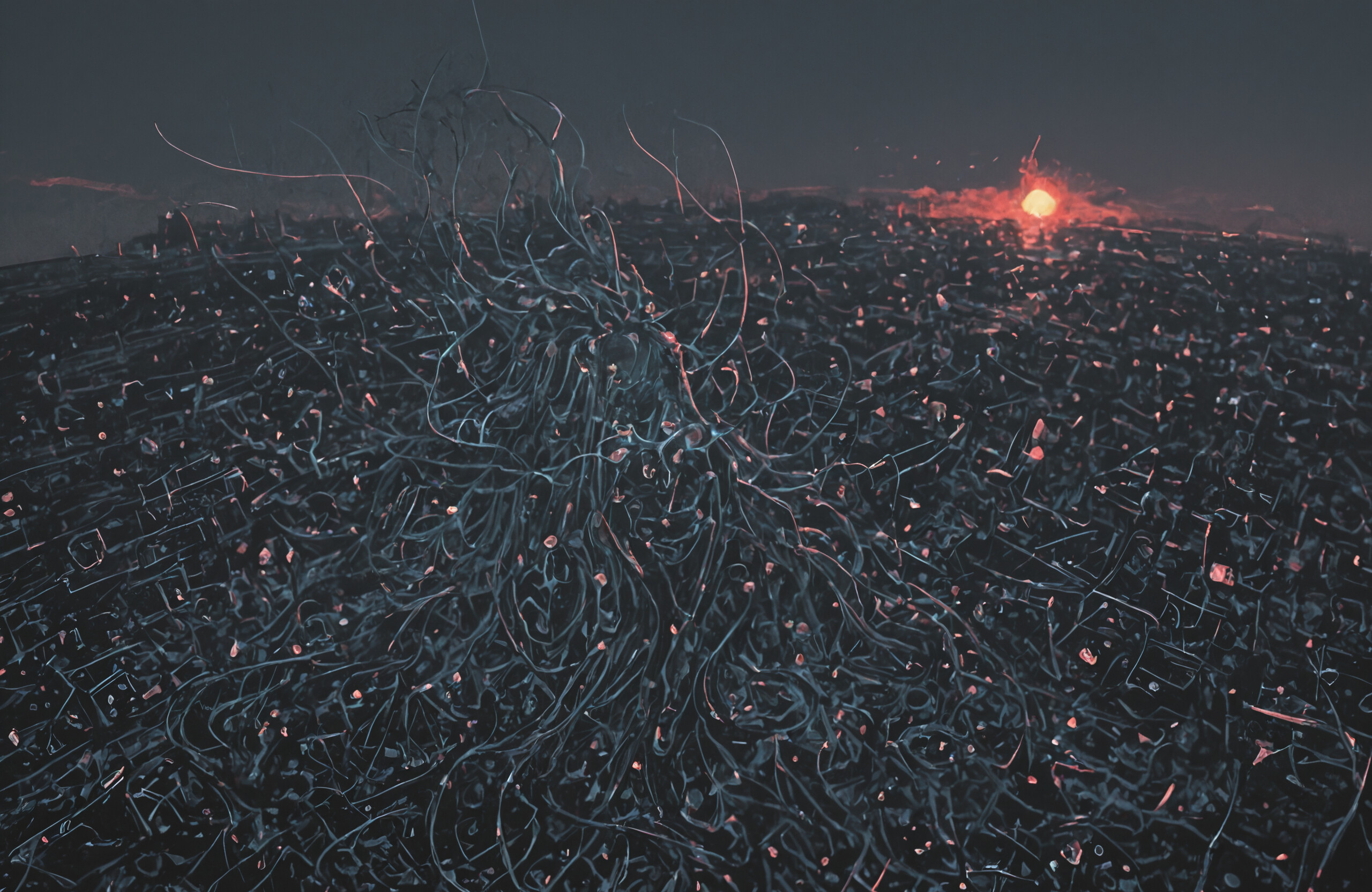 Un’opera d’arte in stile ukiyo-e che raffigura uno spirito etereo, composto da intricate radici e rami di colore marrone scuro. La figura si erge in una foresta caotica, di fronte a un grande sole arancione e compatto che funge da aureola.