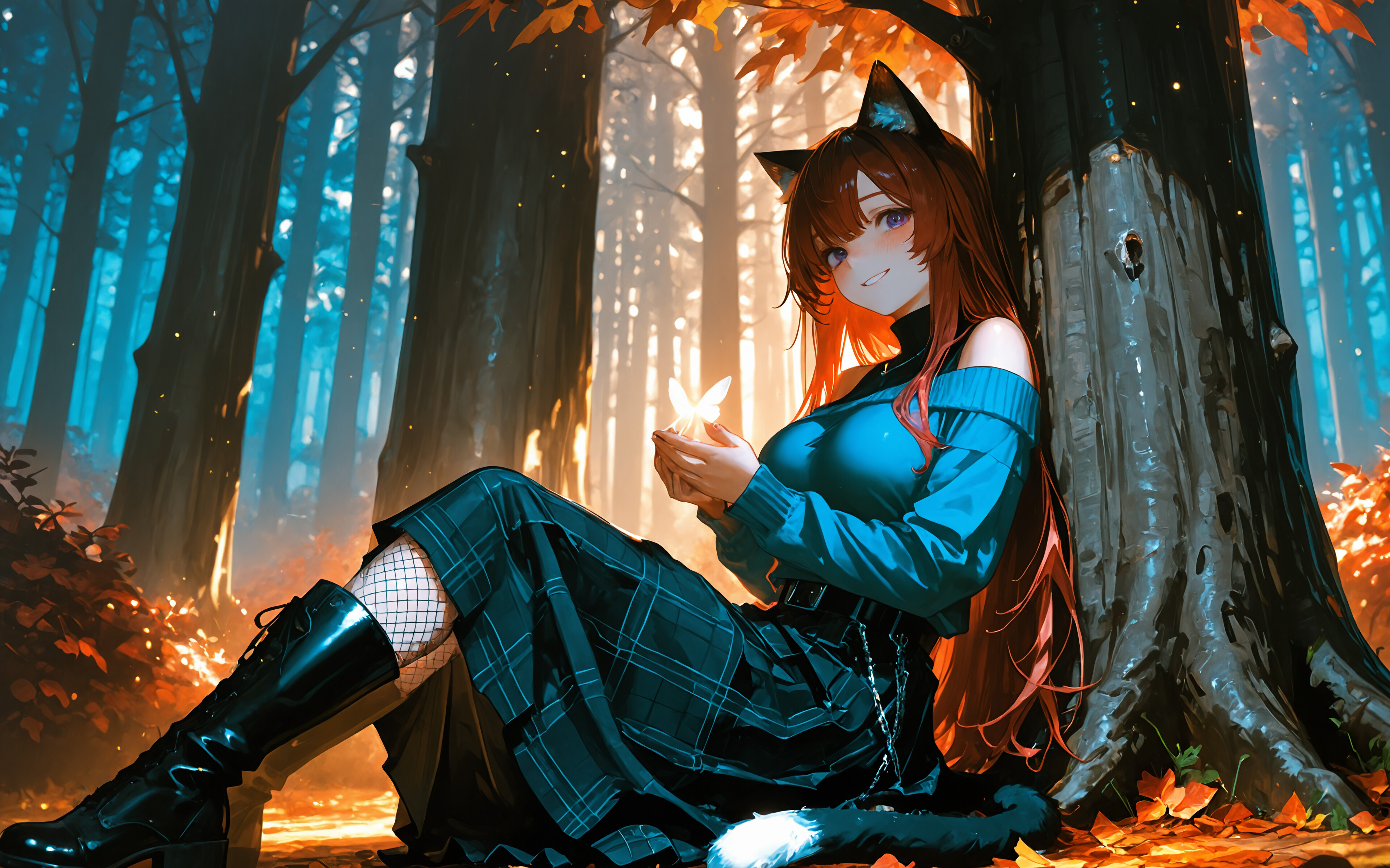 Un’illustrazione a figura intera di una ragazza-gatto in stile anime, con lunghi capelli castani e occhi viola, che indossa un maglione blu a spalle scoperte e una gonna a quadri, e si trova in una foresta autunnale di fronte a un grande albero.