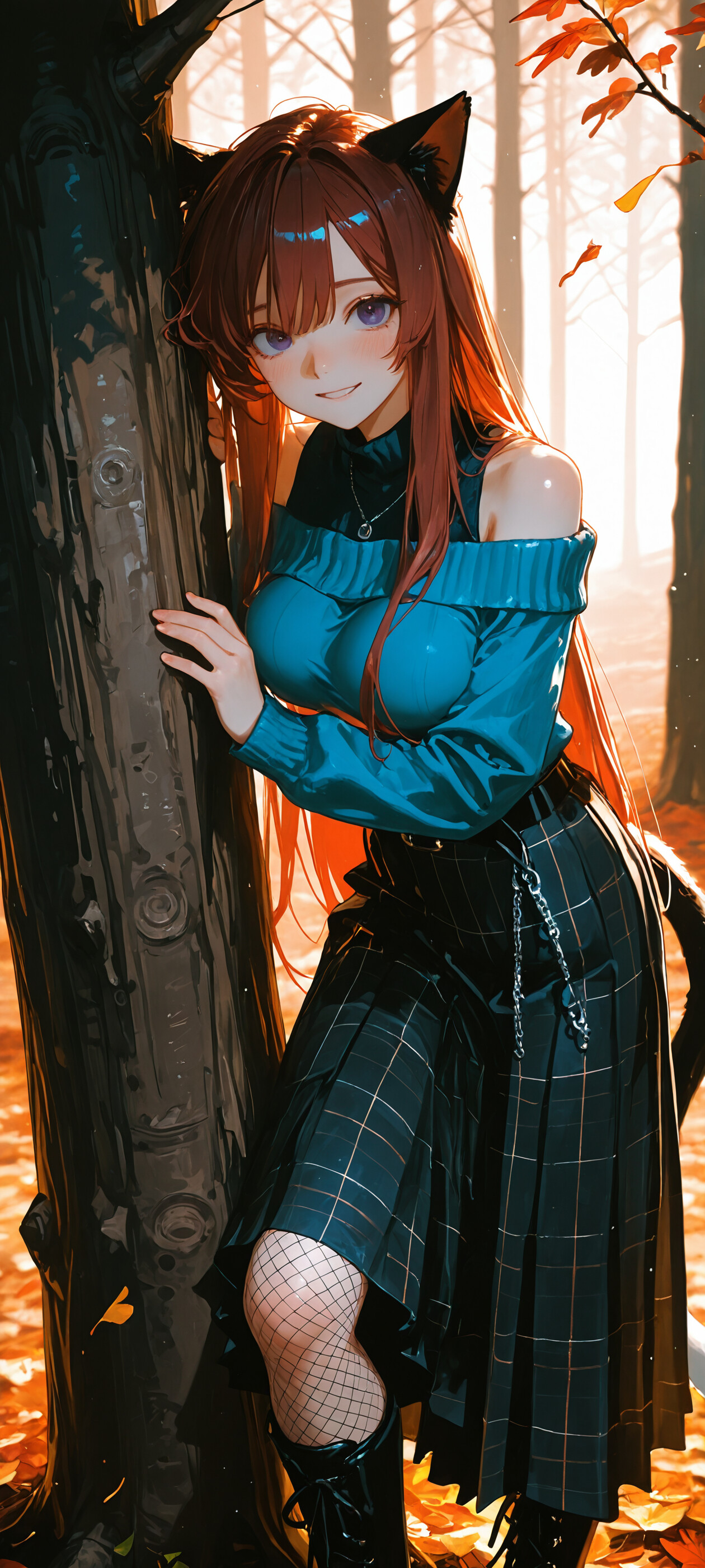 Un’illustrazione a figura intera di una ragazza-gatto in stile anime, con lunghi capelli castani e occhi viola, che indossa un maglione blu a spalle scoperte e una gonna a quadri, e si trova in una foresta autunnale di fronte a un grande albero.