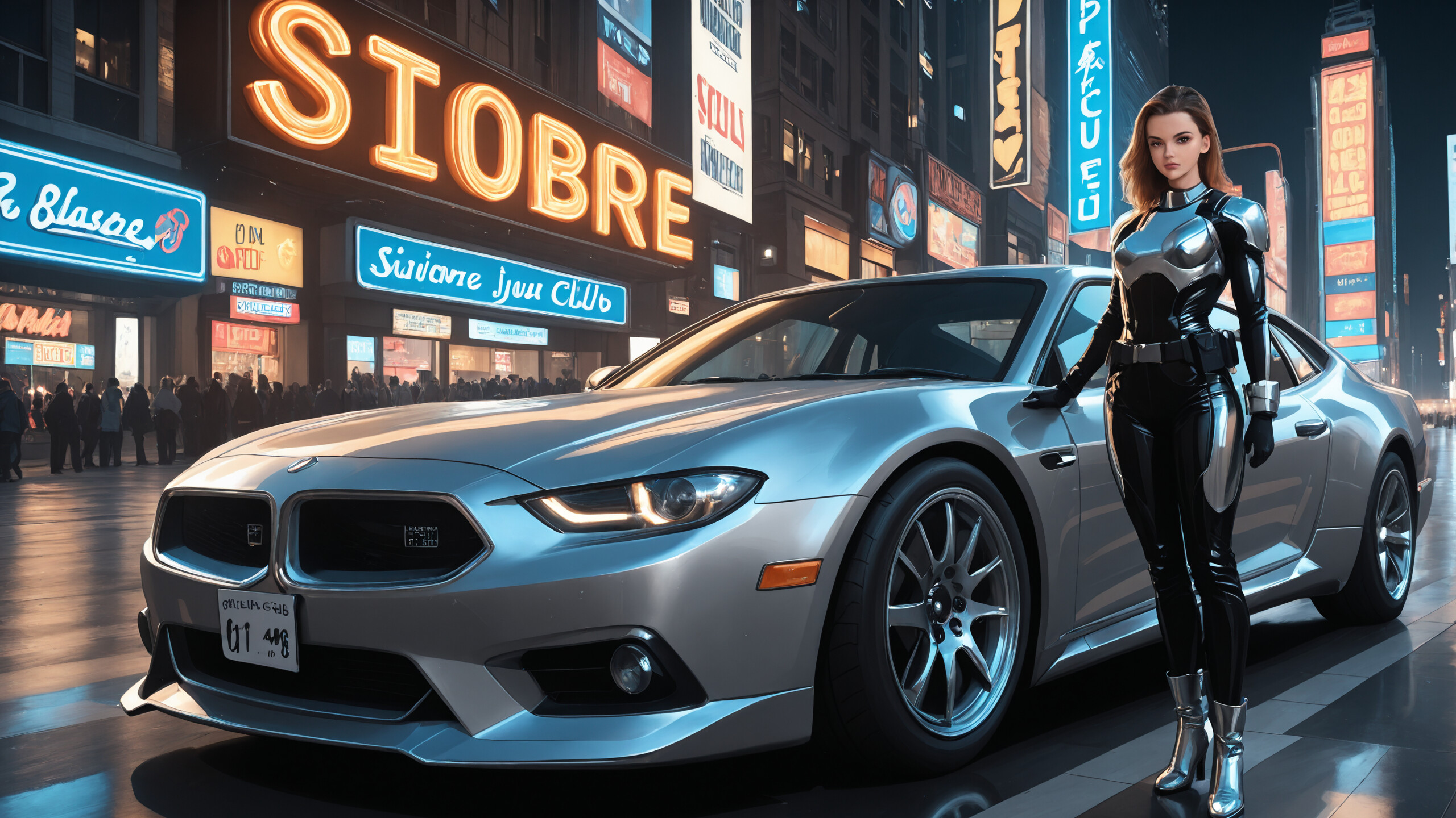 Illustrazione a figura intera di una donna che indossa una tuta da combattimento futuristica nera e cromata e che cammina lungo una strada cittadina bagnata di notte, affiancata da due auto d’epoca argentate e circondata da insegne al neon luminose.