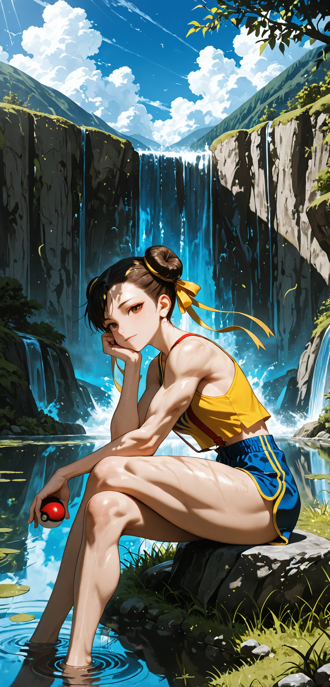 Chun-Li, personaggio del videogioco Street Fighter, è seduta accanto a un lago, in un ambiente naturale e soleggiato, con una cascata sullo sfondo. Indossa un abbigliamento da allenatore Pokémon, composto da una maglietta gialla e pantaloncini blu, tiene in mano una Poké Ball e sorride rivolgendosi allo spettatore.