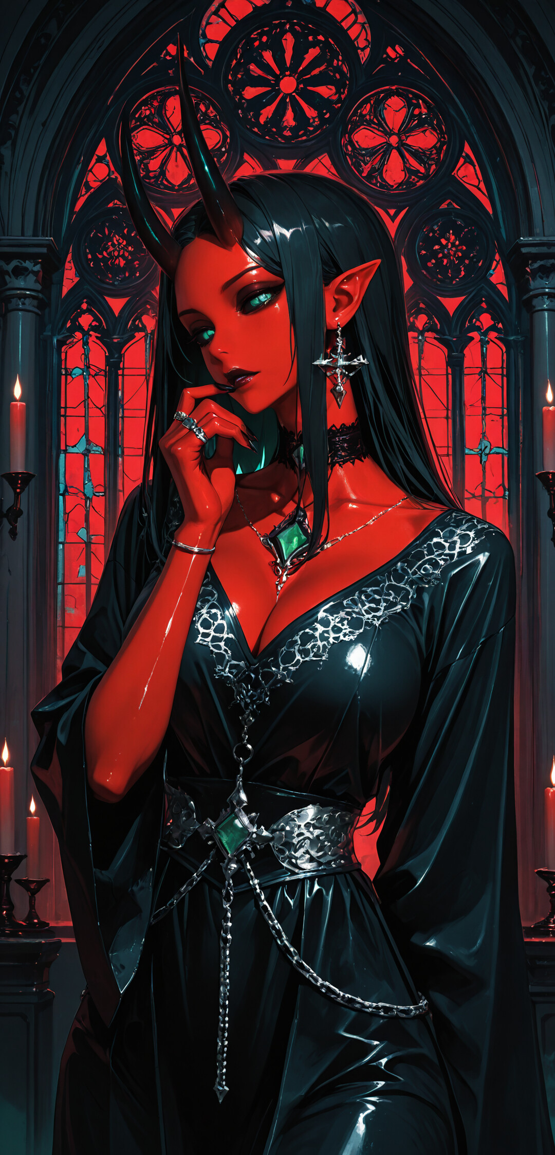 Un’illustrazione che raffigura una splendida donna-demonio, con la pelle di un rosso intenso, lunghi capelli neri e occhi verdi luminosi, sullo sfondo di una cupa cattedrale gotica, con vetrate rosse e candele accese.